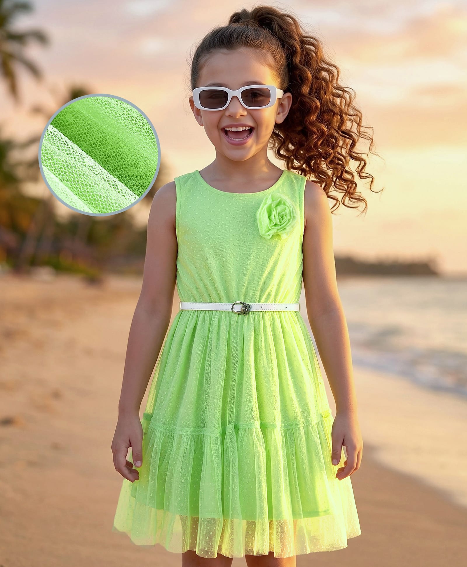 Hola Bonita Knit Sleeveless Solid Color Tiered Dress with Belt & Floral Applique - Limegreen-image-5