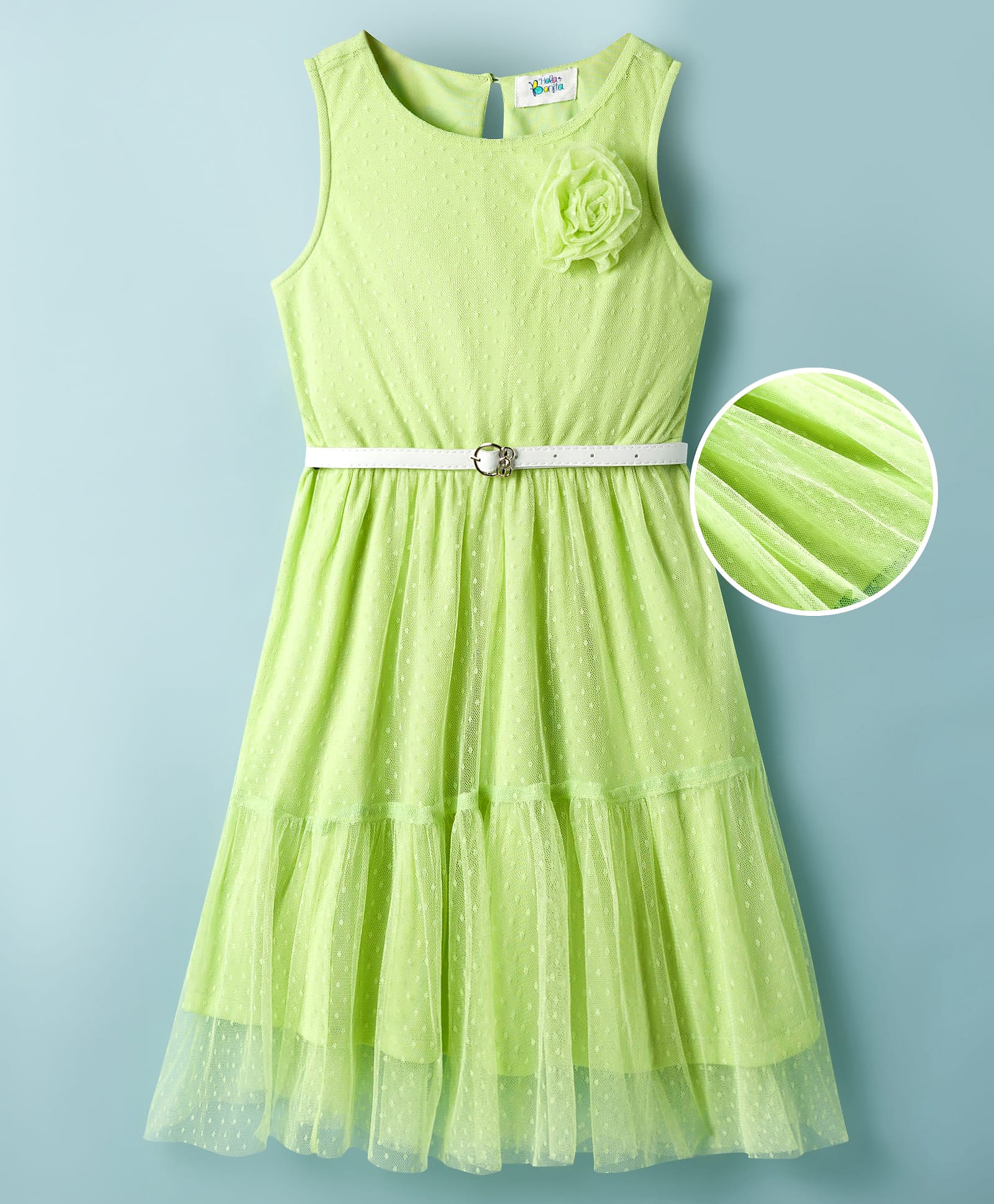 Hola Bonita Knit Sleeveless Solid Color Dress with Belt - Limegreen-image-7
