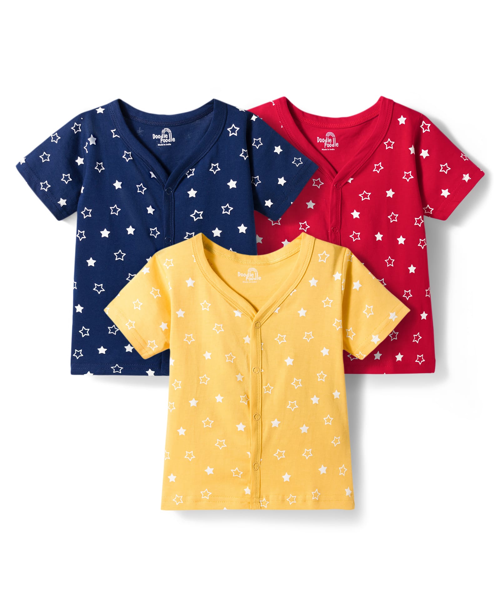 Doodle Poodle 100% Cotton Knit Half Sleeves Jhablas with Star Print Pack of 3 - Red Yellow & Navy-picture-48