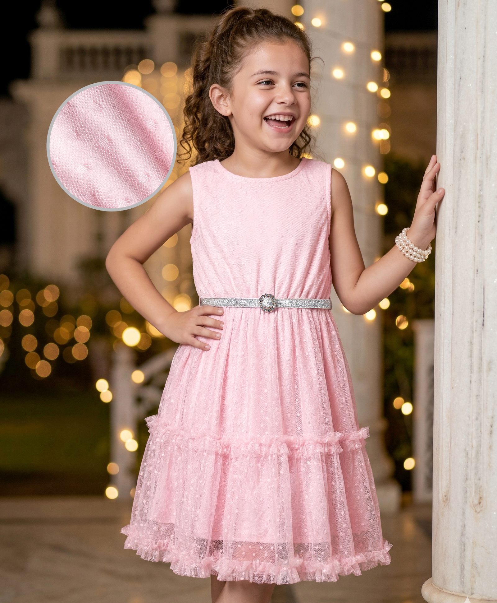 Hola Bonita Knit Sleeveless Mesh Solid Dress With Belt - Pink-image-19