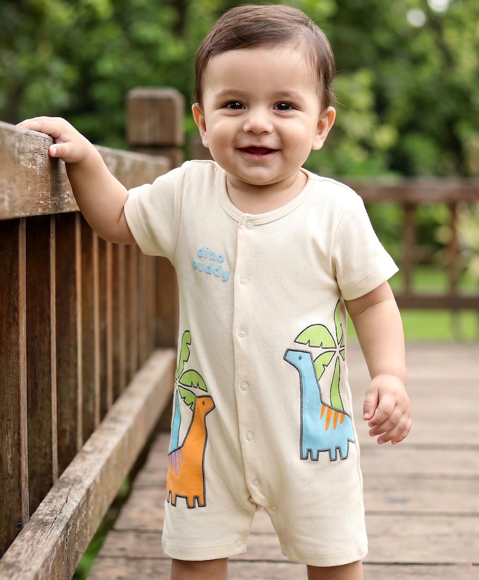 Babyhug 100% Cotton Knit Half Sleeves Romper with Animal Embroidery - Multicolor-image-24