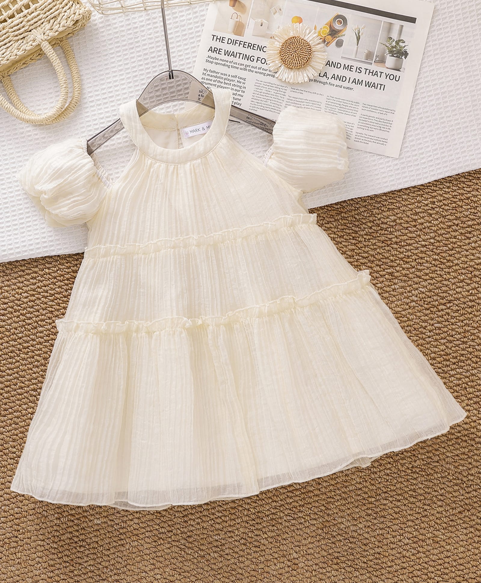 Mark & Mia Off Shoulder Sleeves Halter Neck Solid Party Dress - Cream-image-27
