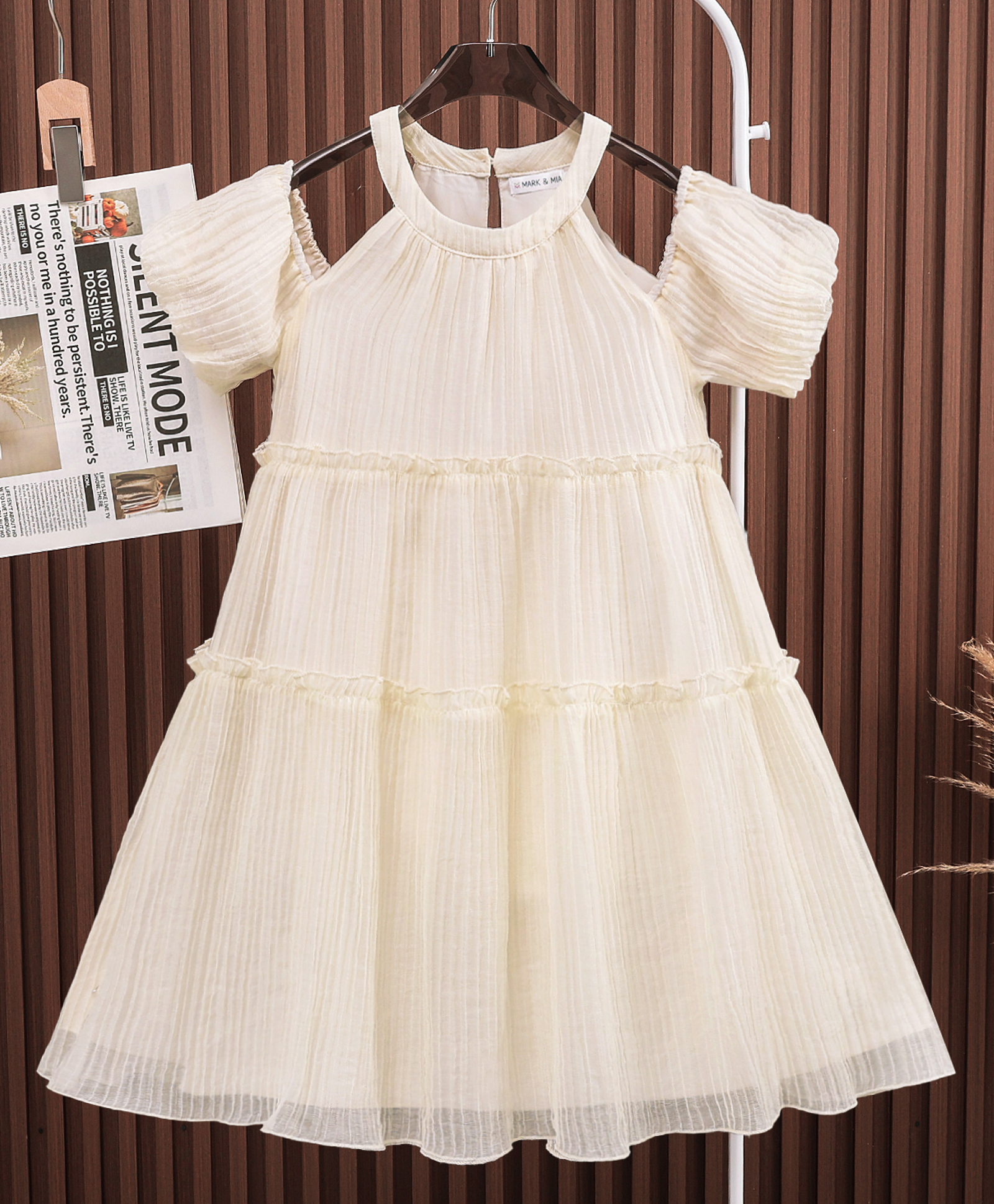 Mark & Mia Off Shoulder Sleeves Halter Neck Solid Party Dress - Cream-image-30