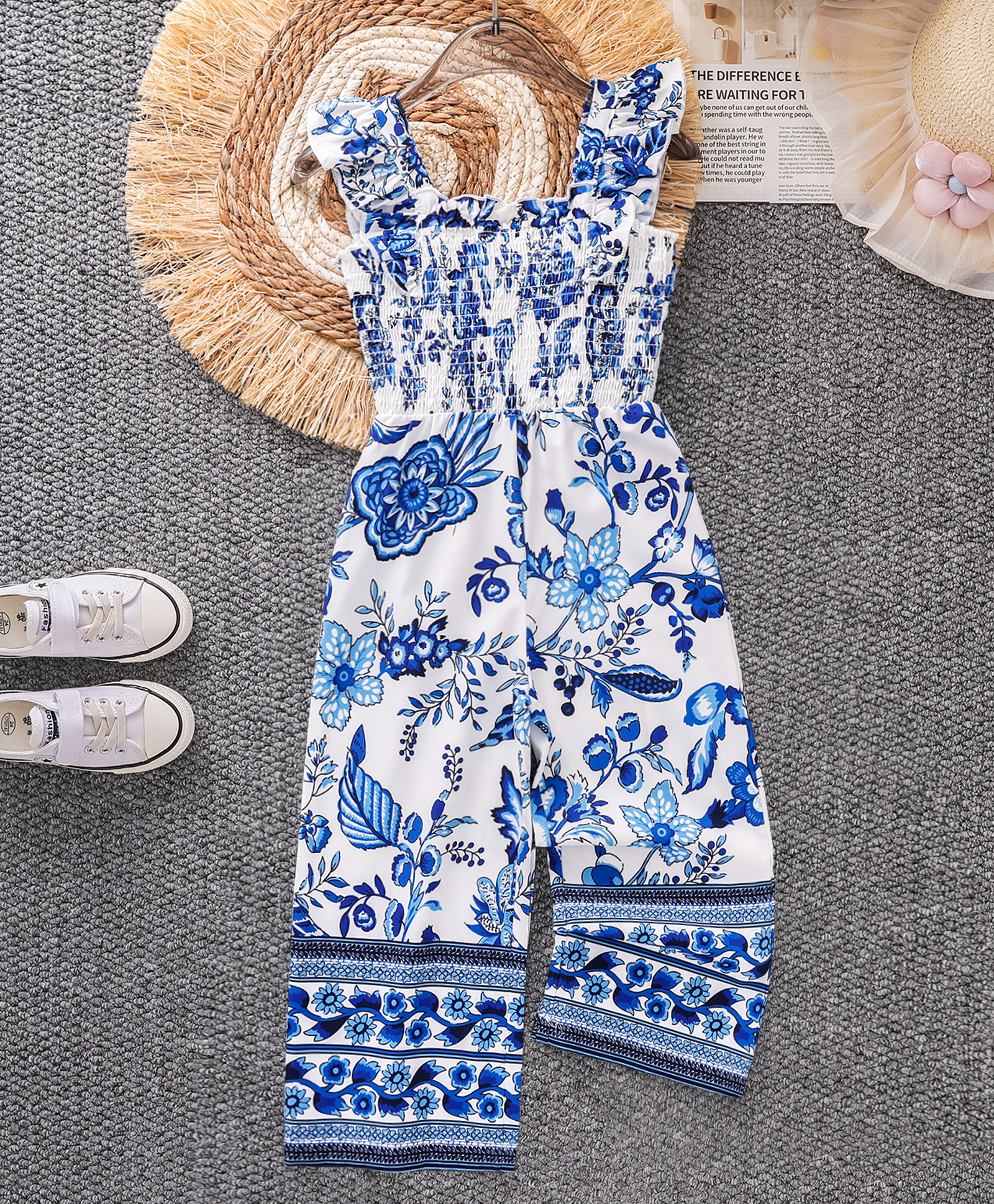 Mark & Mia Frill Sleeves Smocked Jumpsuit with Floral Print - Light Blue-image-34