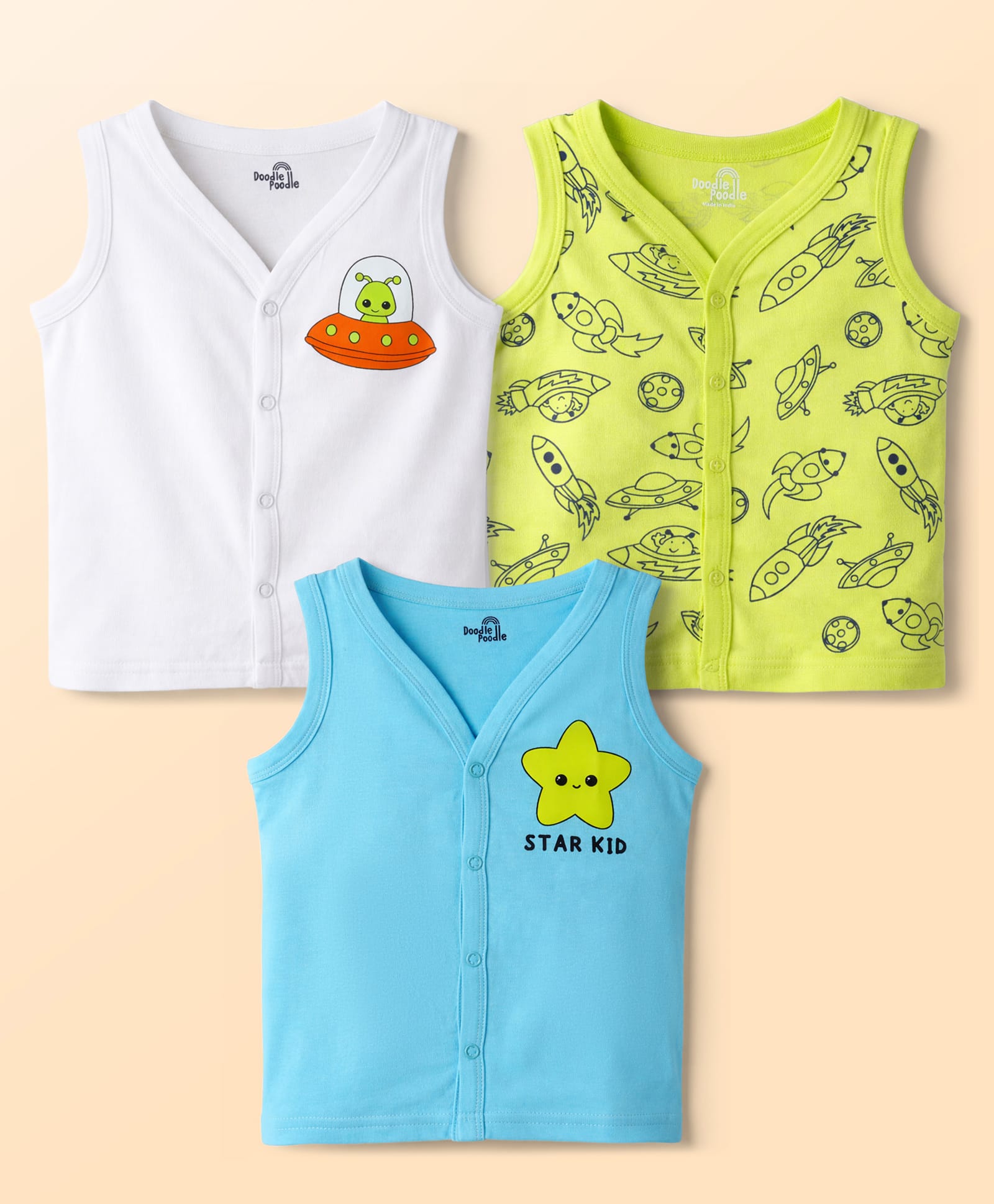 Doodle Poodle Single Jersey 100% Cotton Knit Sleeveless Jhablas with UFO Print Pack of 3 - Lime White & Blue-image-31