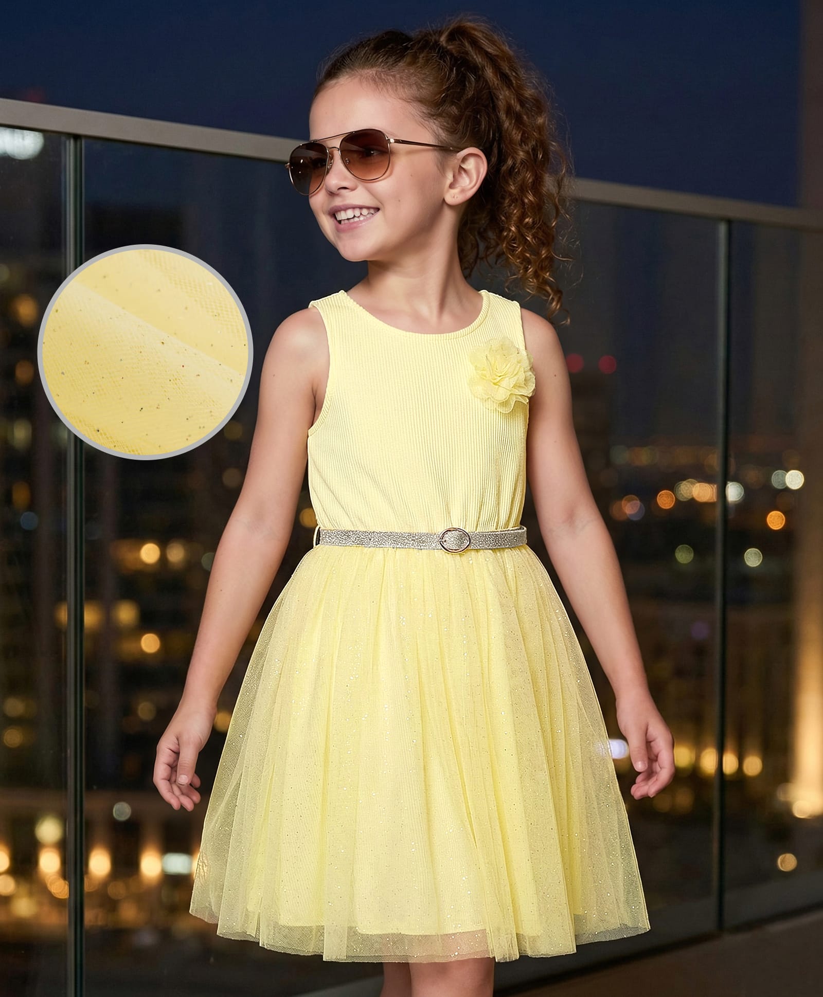 Hola Bonita Knit Sleeveless Solid Dress With Floral Applique & Belt - Yellow-image-26