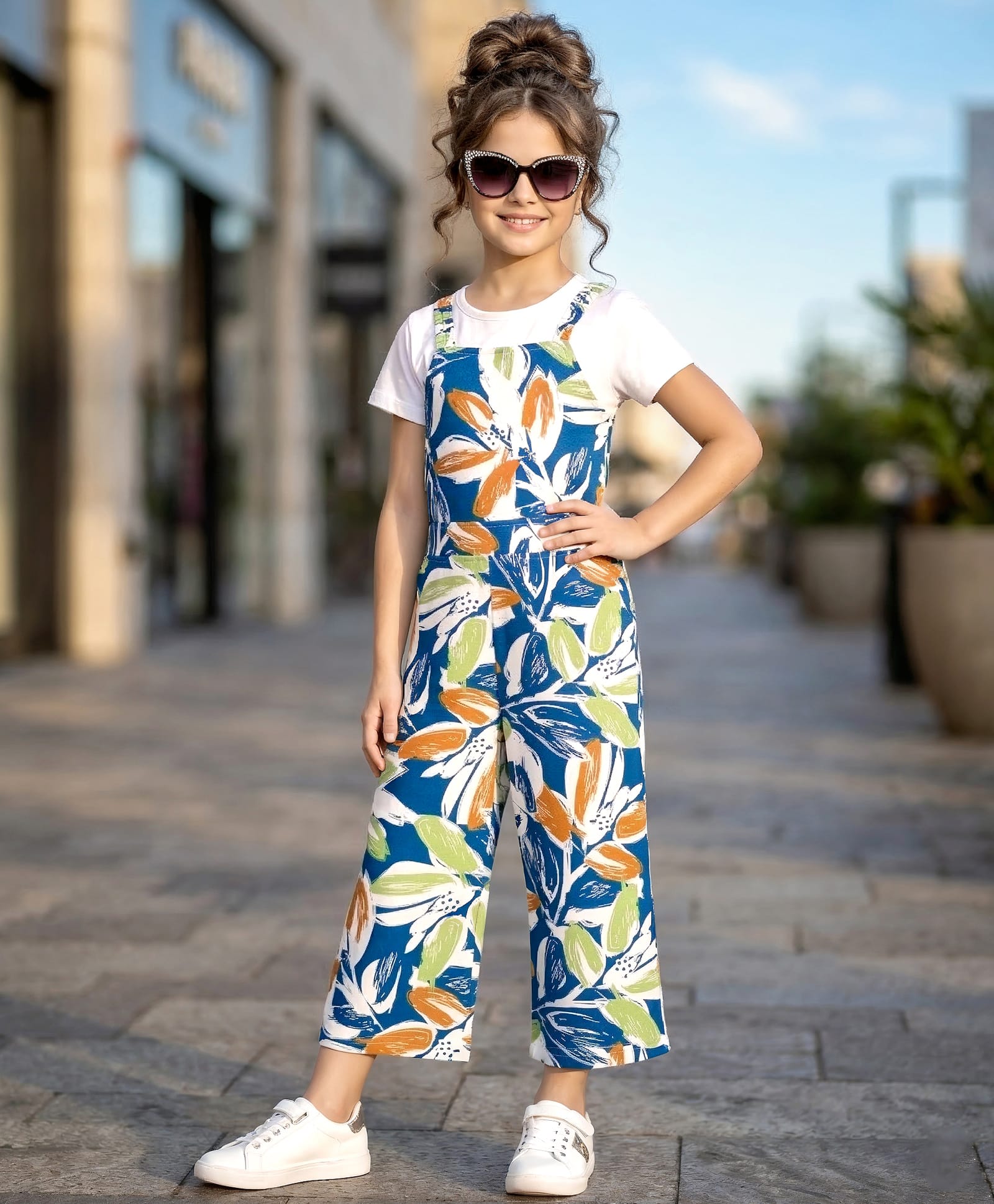 OLLINGTON ST. Girls Cotton Knit Half Sleeves T-Shirt & Floral Printed Dungaree - White & Blue-image-45