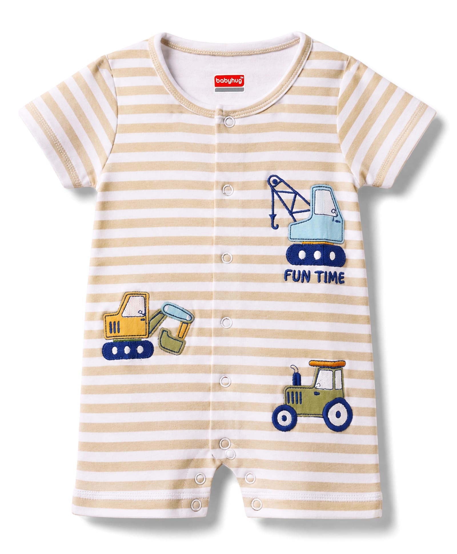 Babyhug 100% Cotton Knit Half Sleeves Striped & Vehicles Embroidered Romper - Multicolor-image-48