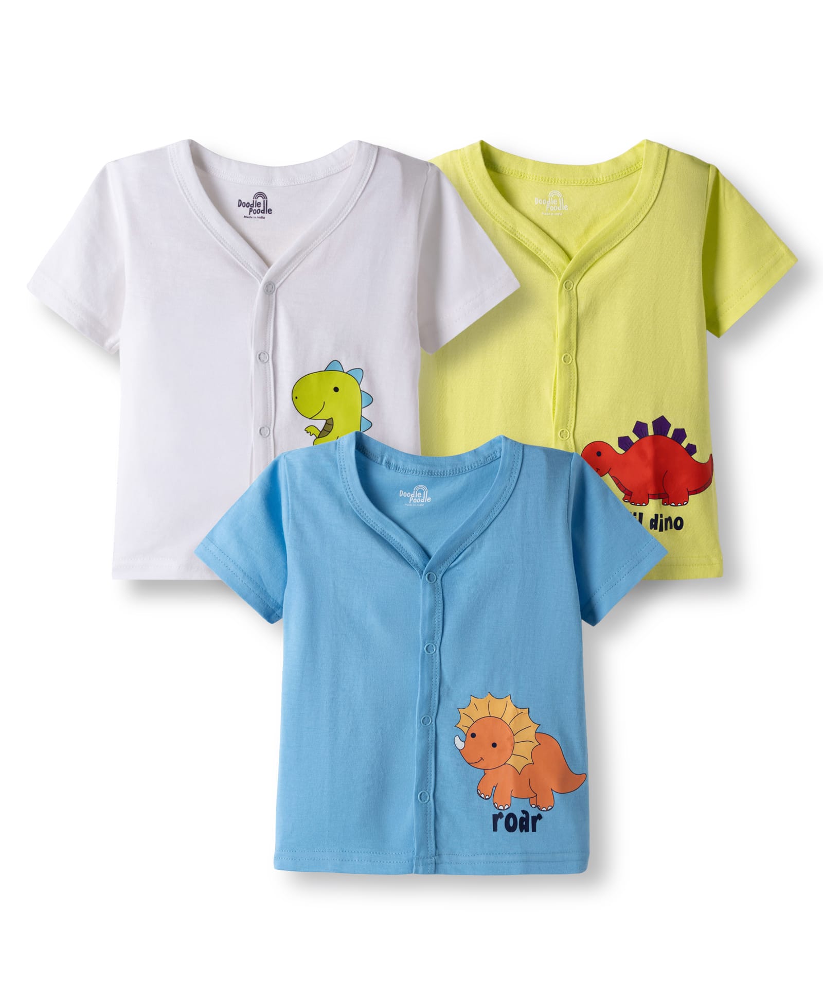 Doodle Poodle 100% Cotton Single Jersey Knit Half Sleeves Solid Color With Animal Print Jhablas Pack of 3- Yellow/Blue/Bright White-image-45