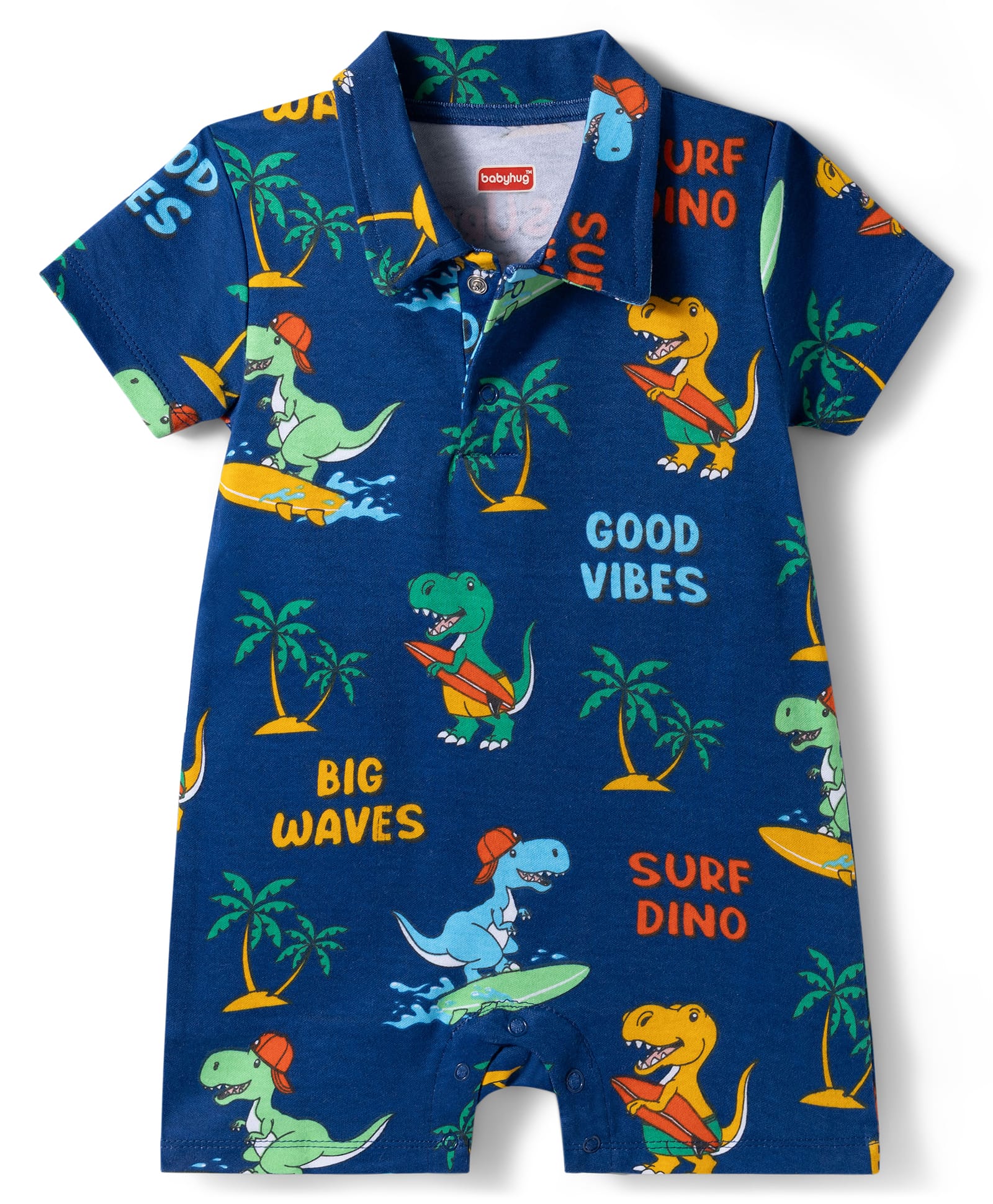 Babyhug 100% Cotton Knit Half Sleeves Romper with Beach Theme Print - Navy Blue-image-34