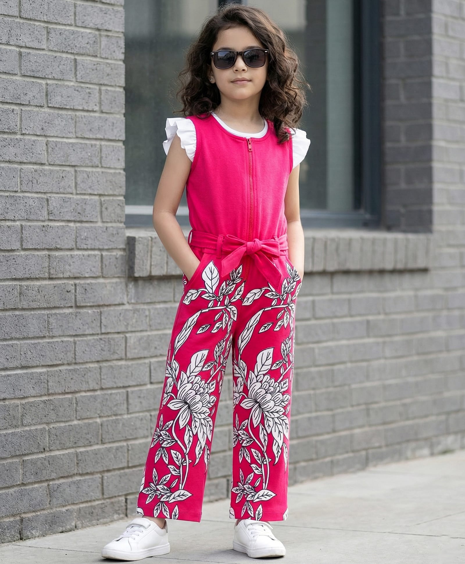 OLLINGTON ST. Cotton Knit Half Sleeves Floral Printed Dungaree with Inner T-Shirt - White & Pink-picture-17