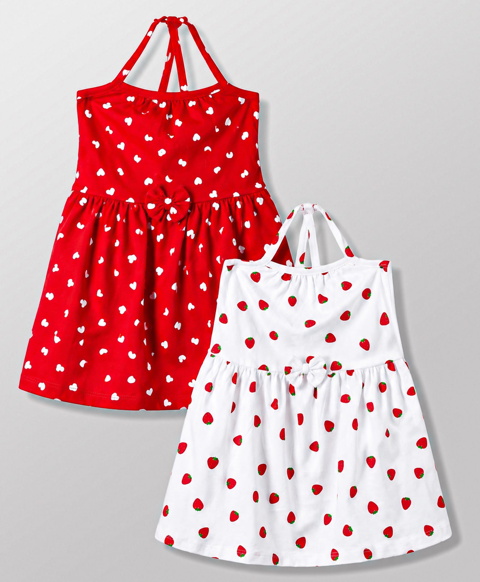 Doodle Poodle 100% Cotton Knit Sleeveless Hearts & Strawberry Printed Frocks With Bow Applique Pack Of 2 - White & Red-image-36