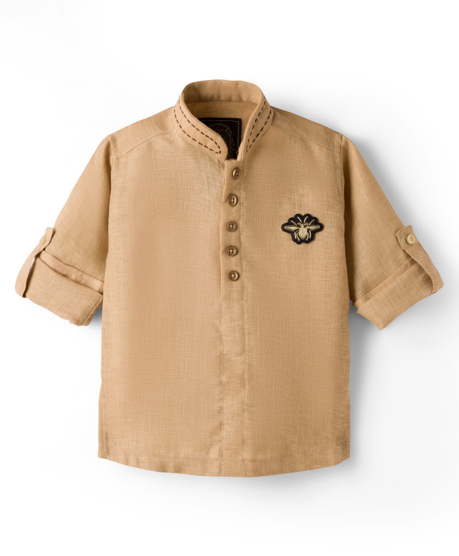 Little Bull Full Sleeves Beetle Brooch Detailed Kurta - Fawn-picture-33