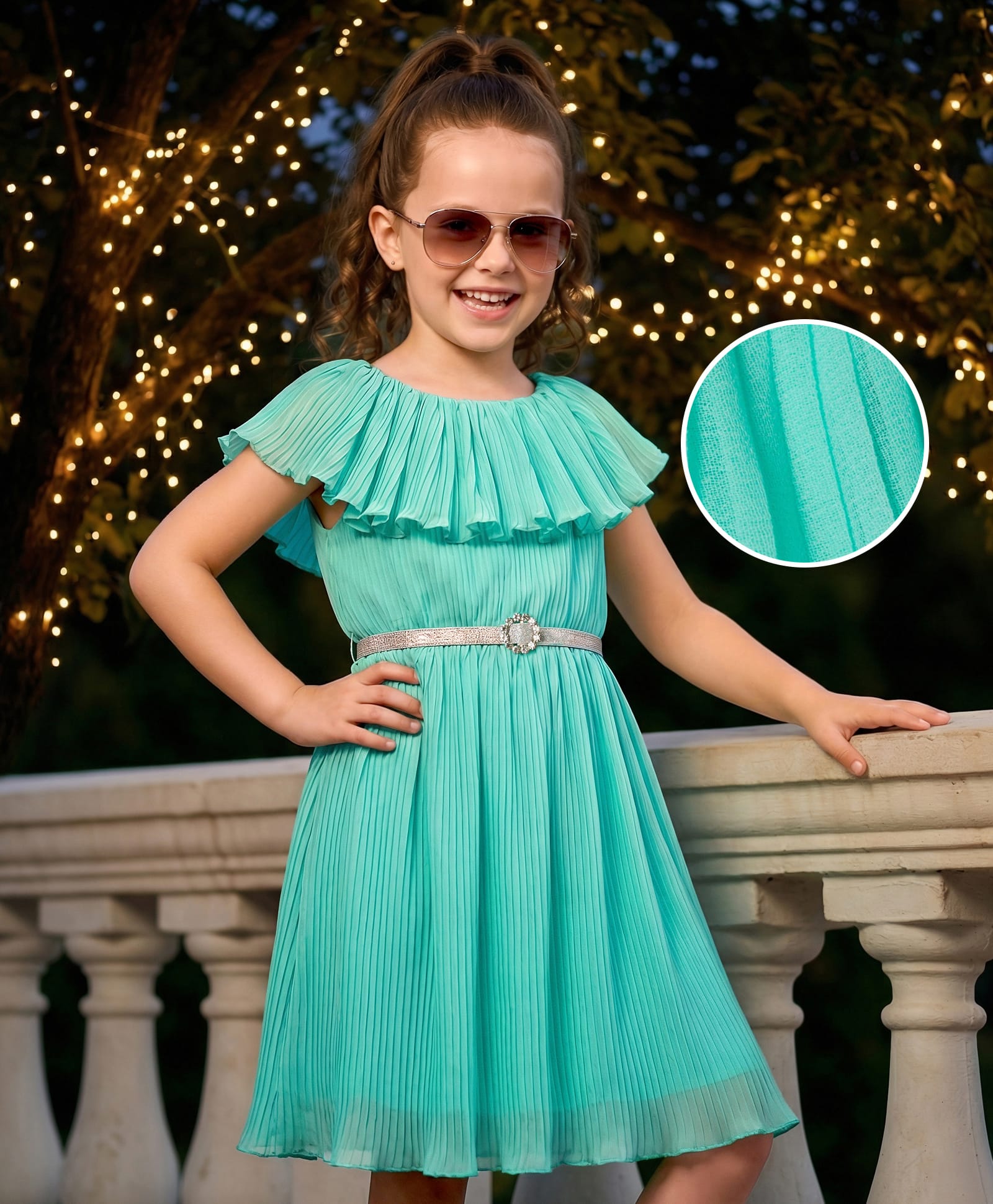 Hola Bonita Woven Half Sleeves Solid Color Dress with Belt - Aqua Blue-image-11