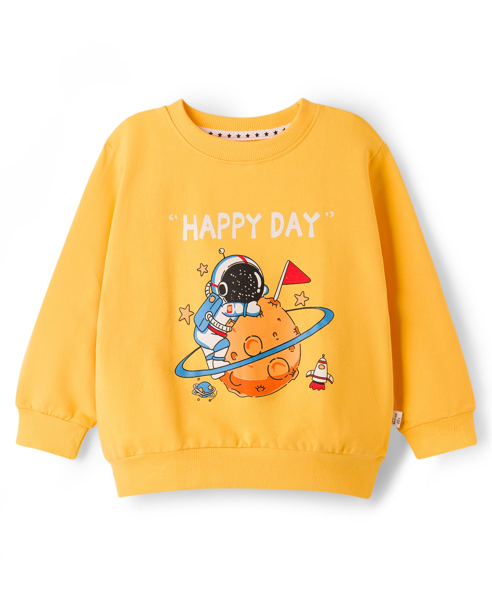 KIDLINGSS Cotton Knit Full Sleeves Astronaut & Happy Day Text Printed Light Winter Sweatshirt - Yellow
