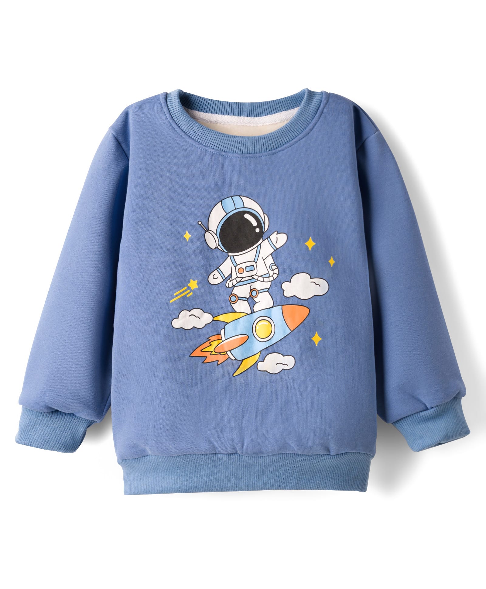 KIDLINGSS Cotton Knit Full Sleeves Astronaut Printed Light Winter Sweatshirt - Blue
