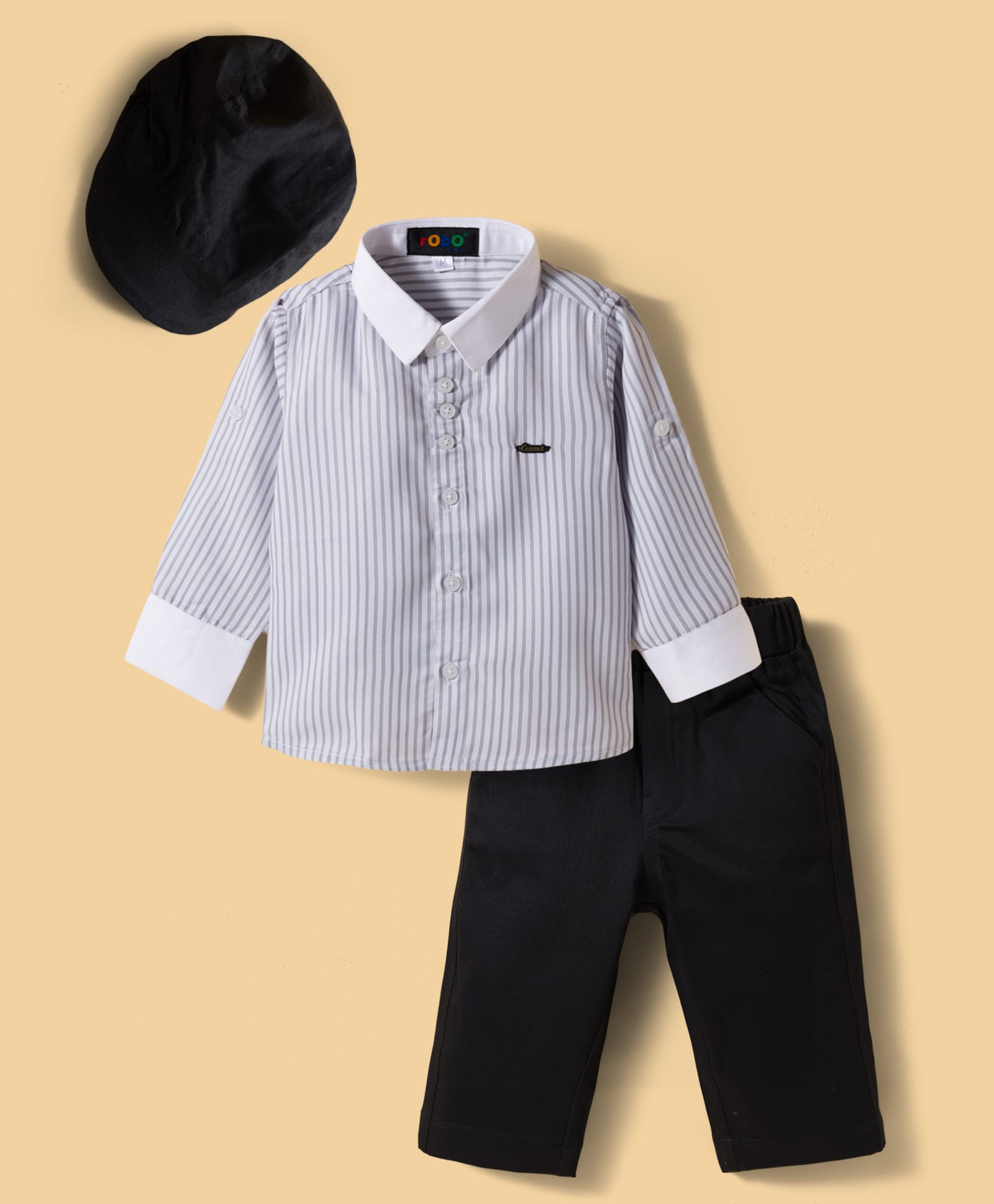 Robo Fry Cotton Woven Full Sleeves Striped Party Shirt & Trouser Set With Bow & Cap - White-picture-19