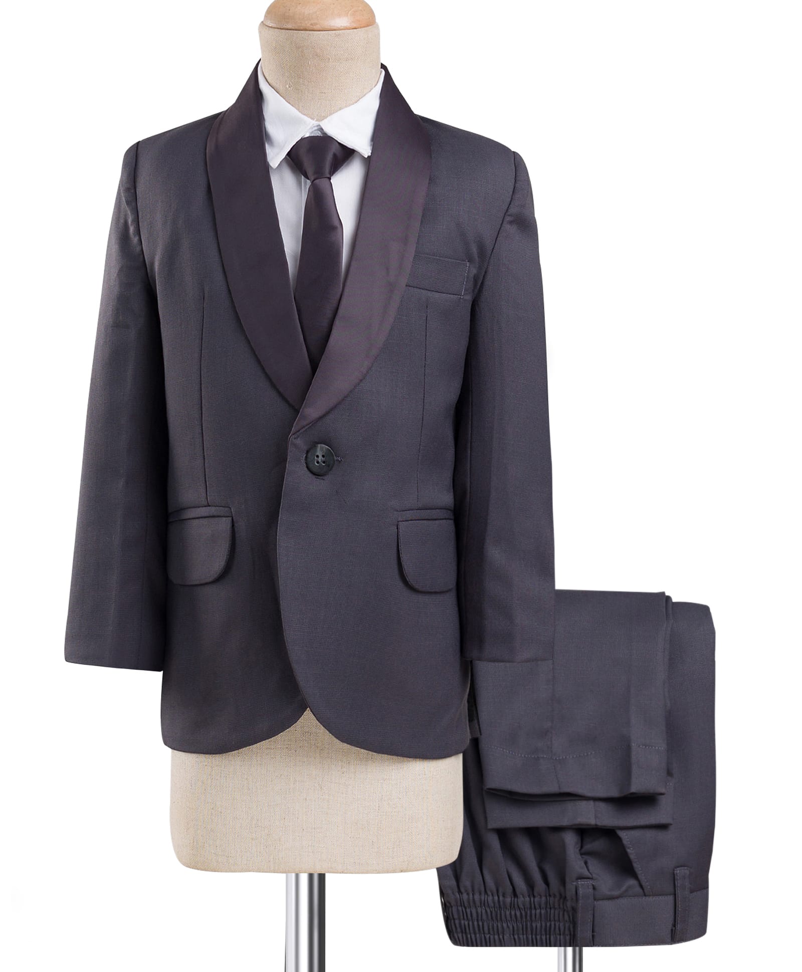 Robo Fry Cotton Woven Full Sleeves Solid 3 Piece Party Suit With Tie - Grey-image-26