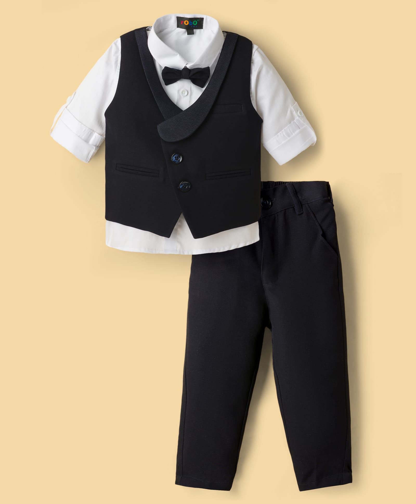 Robo Fry Cotton Woven Full Sleeves Solid 3 Piece Party Suit With Bow - Navy Blue-picture-37