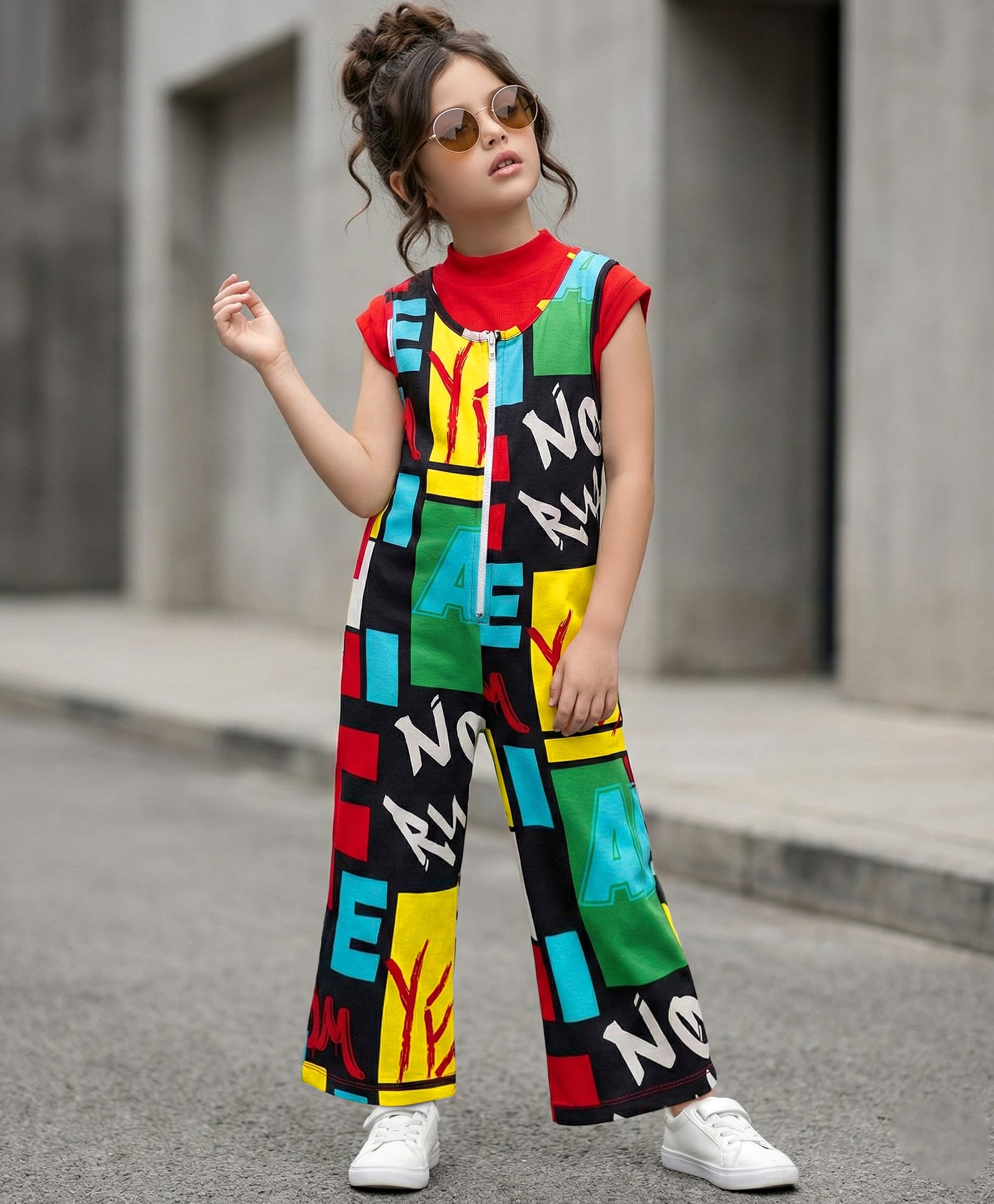 OLLINGTON ST. Cotton Knit Half Sleeves Text Printed Dungaree with Inner tee - Multicolour & Red-image-23