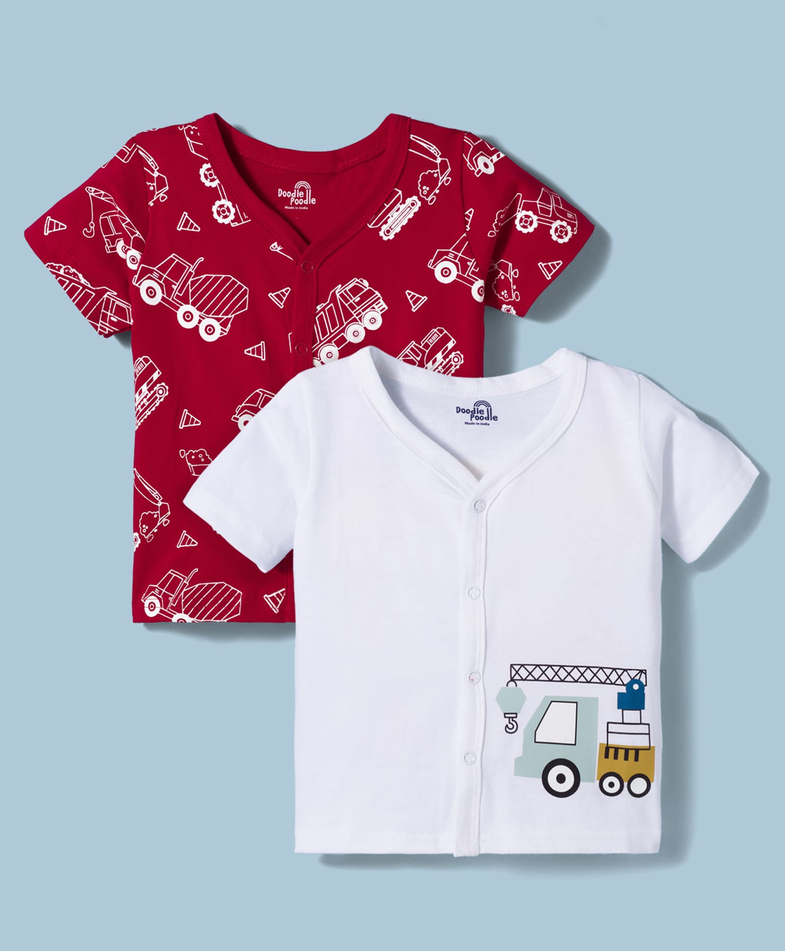 Doodle Poodle 100% Cotton Knit Half Sleeves Jhablas with Vehicle Print Pack of 2 - White & Red-picture-12