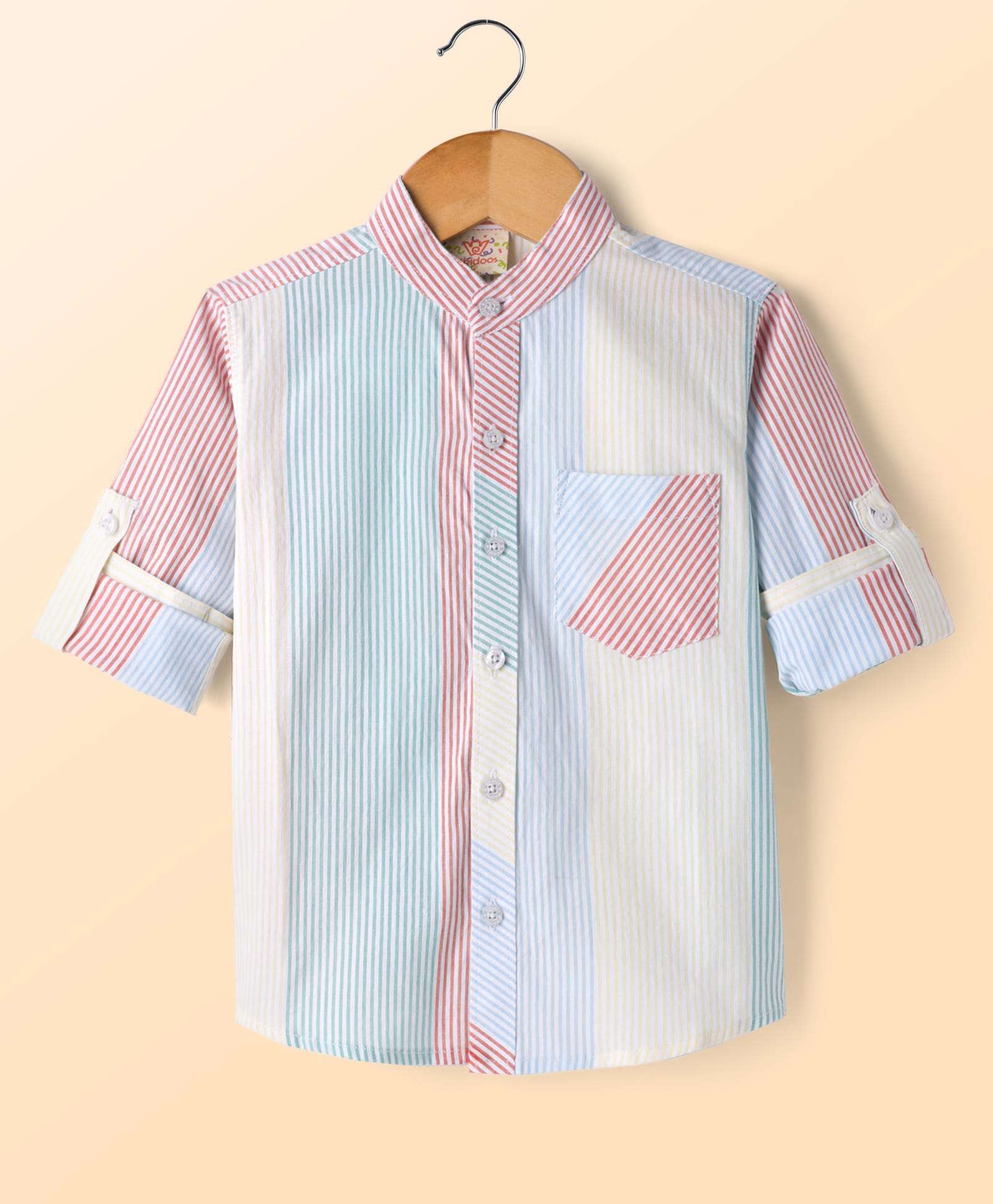 Rikidoos Cotton Woven Full Sleeves Striped Colour Block Shirt - Light Red & Yellow-image-45