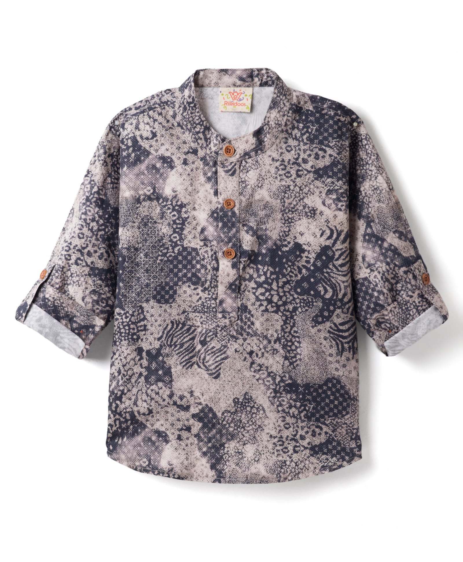 Rikidoos Cotton Woven Full Sleeves Mandarin Collar Abstract Printed Kurta Style Shirt - Black & Beige-picture-20