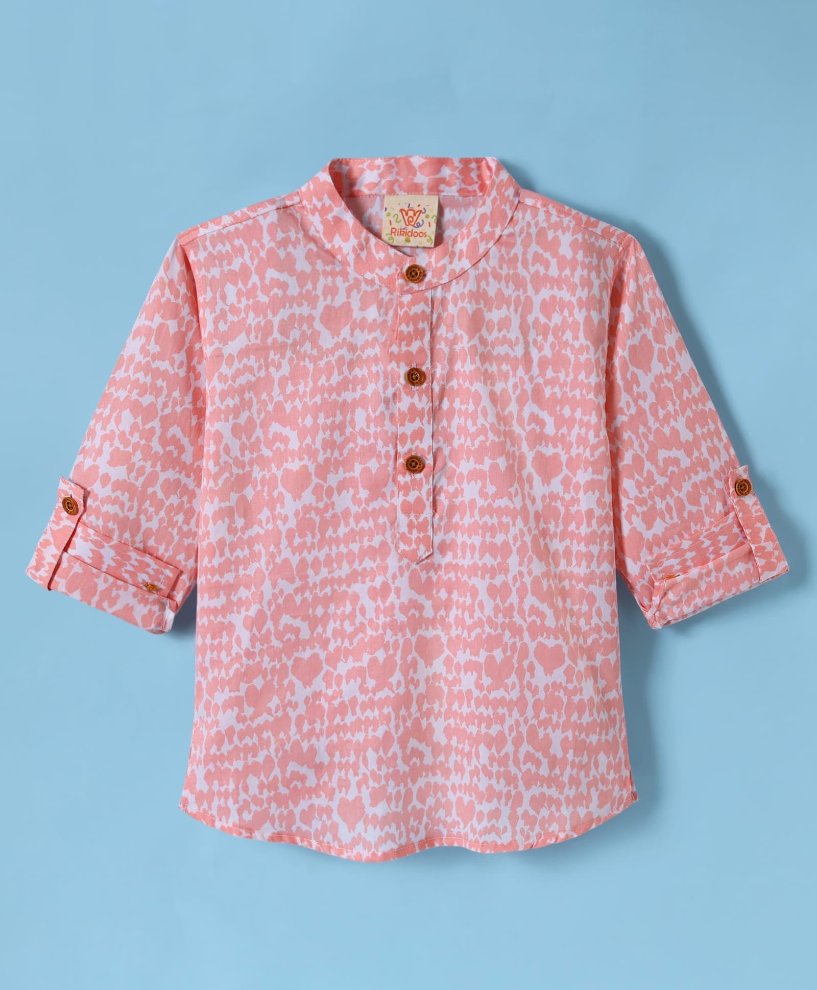 Rikidoos Cotton Woven Full Sleeves Heart Printed Shirt - Light Peach-image-18