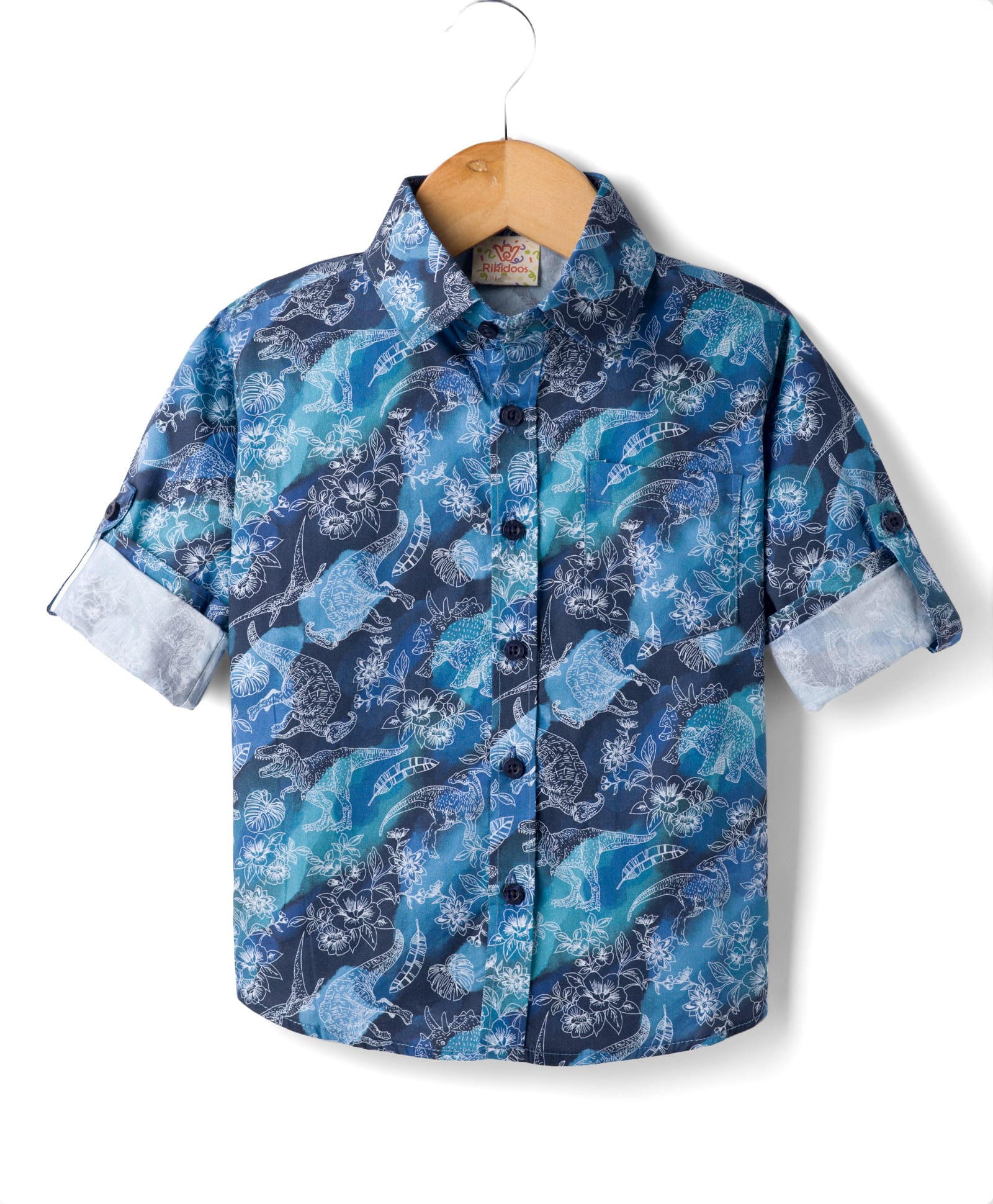 Rikidoos Cotton Woven Full Sleeves Floral & Dino Printed Shirt - Blue-picture-21