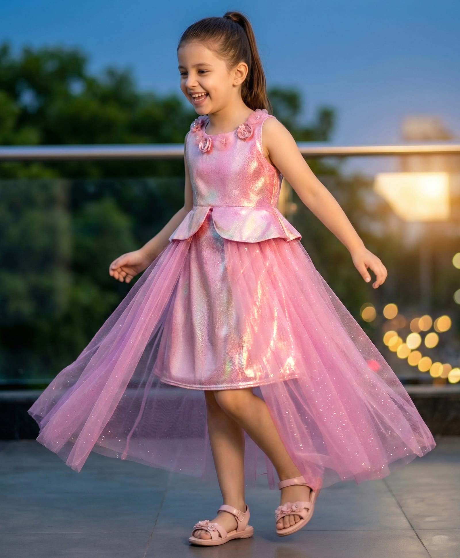 Hola Bonita Knit Sleeveless Shimmered Party Dress With Layered Skirt & Floral Applique - Pink-image-17
