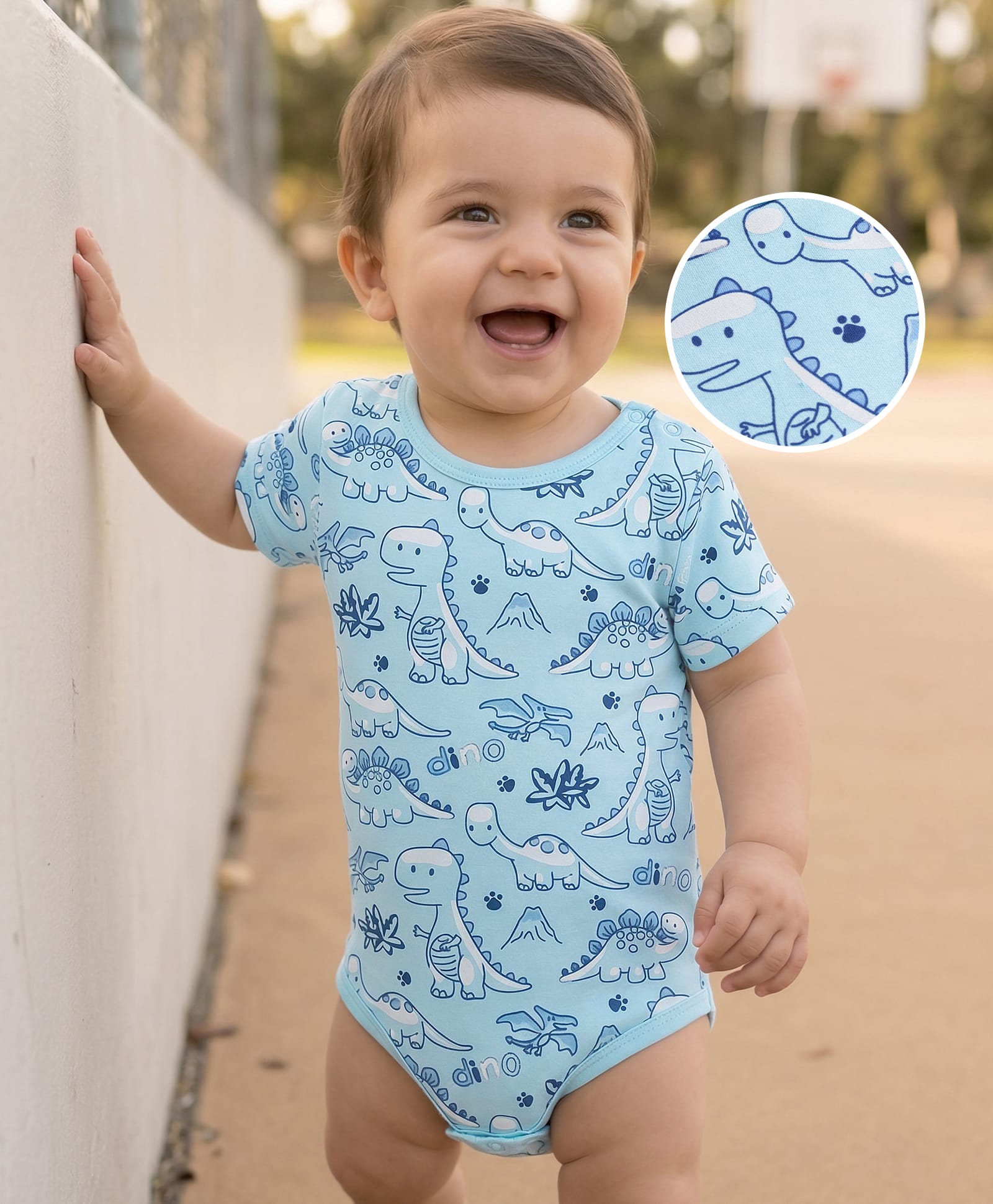 Doodle Poodle 100% Cotton Knit Half Sleeves Onesie with Dino Print - Blue-picture-22