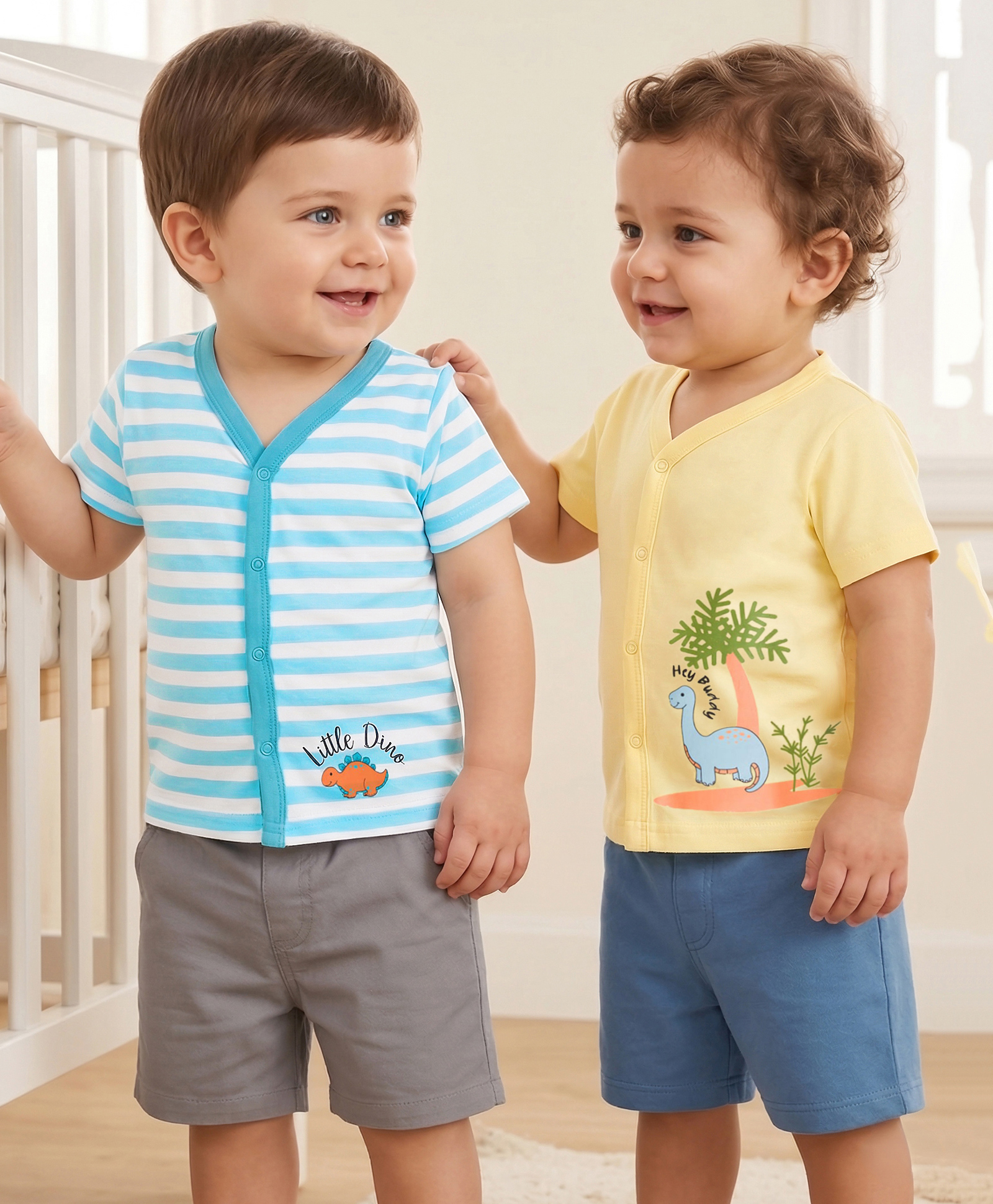 Doodle Poodle Single Jersey 100% Cotton Knit Half Sleeves Jhablas with Dino Print Pack of 2- White & Lemon-picture-31