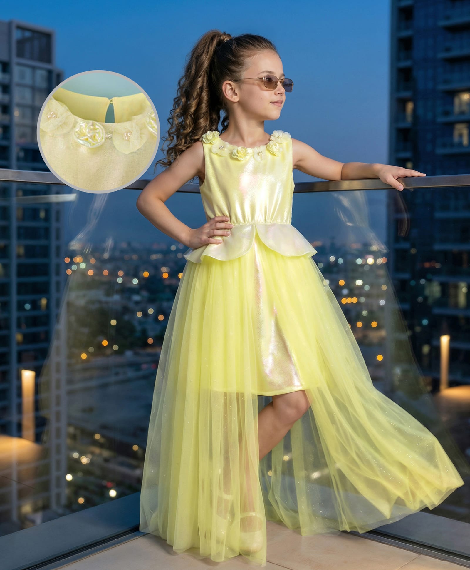 Hola Bonita Knit Sleeveless Shimmer Party Dress With Layered Skirt & Floral Applique - Yellow-image-36