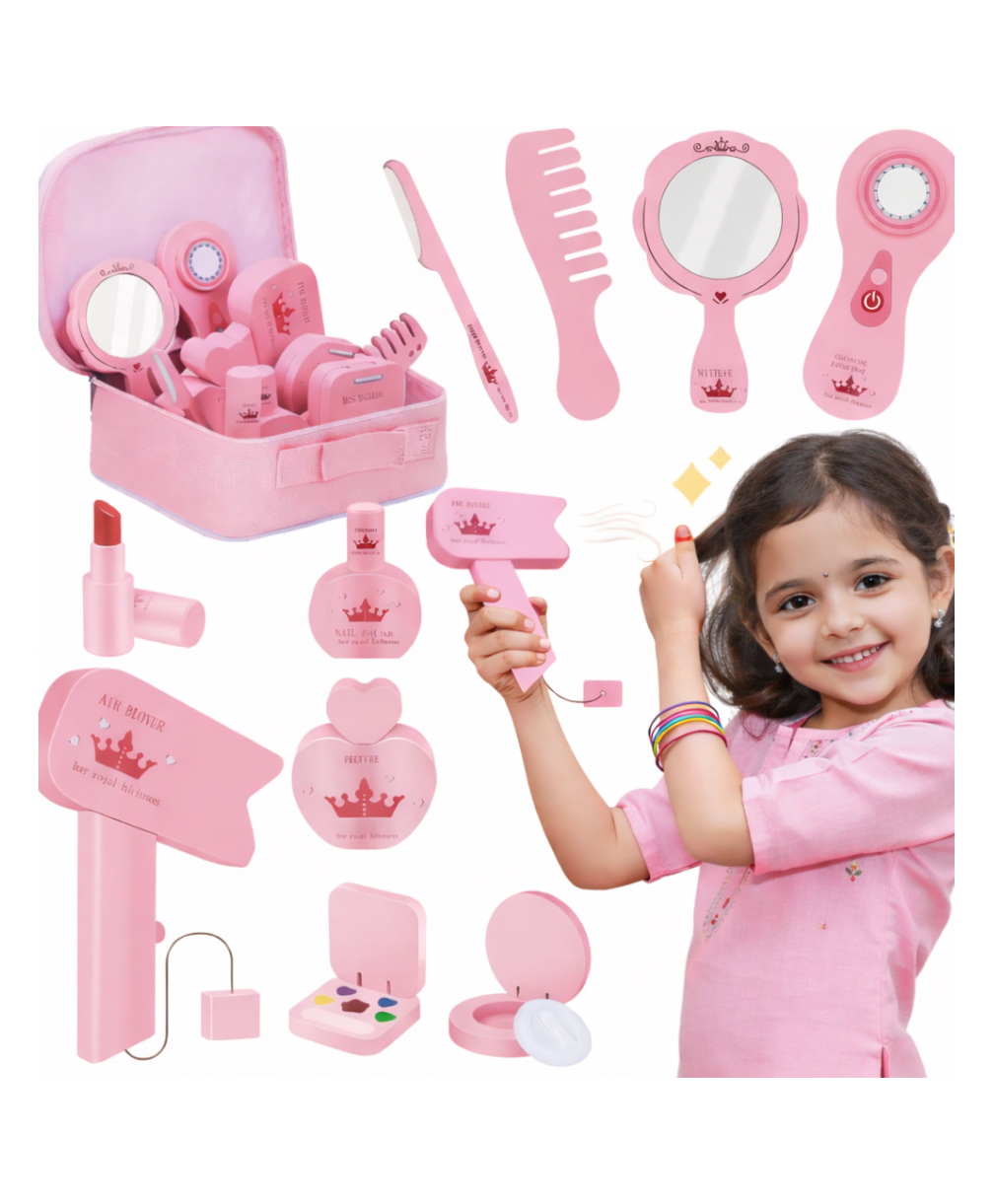 Pingo Play Premium Wooden Makeup Kit Set Toy for 3+ | Pretend Beauty Play Set with Mirror, Comb & Dryer | Safe Non-Toxic Wooden Role Play Toy for Toddlers & Preschool Kids (11 Pcs)-image-3