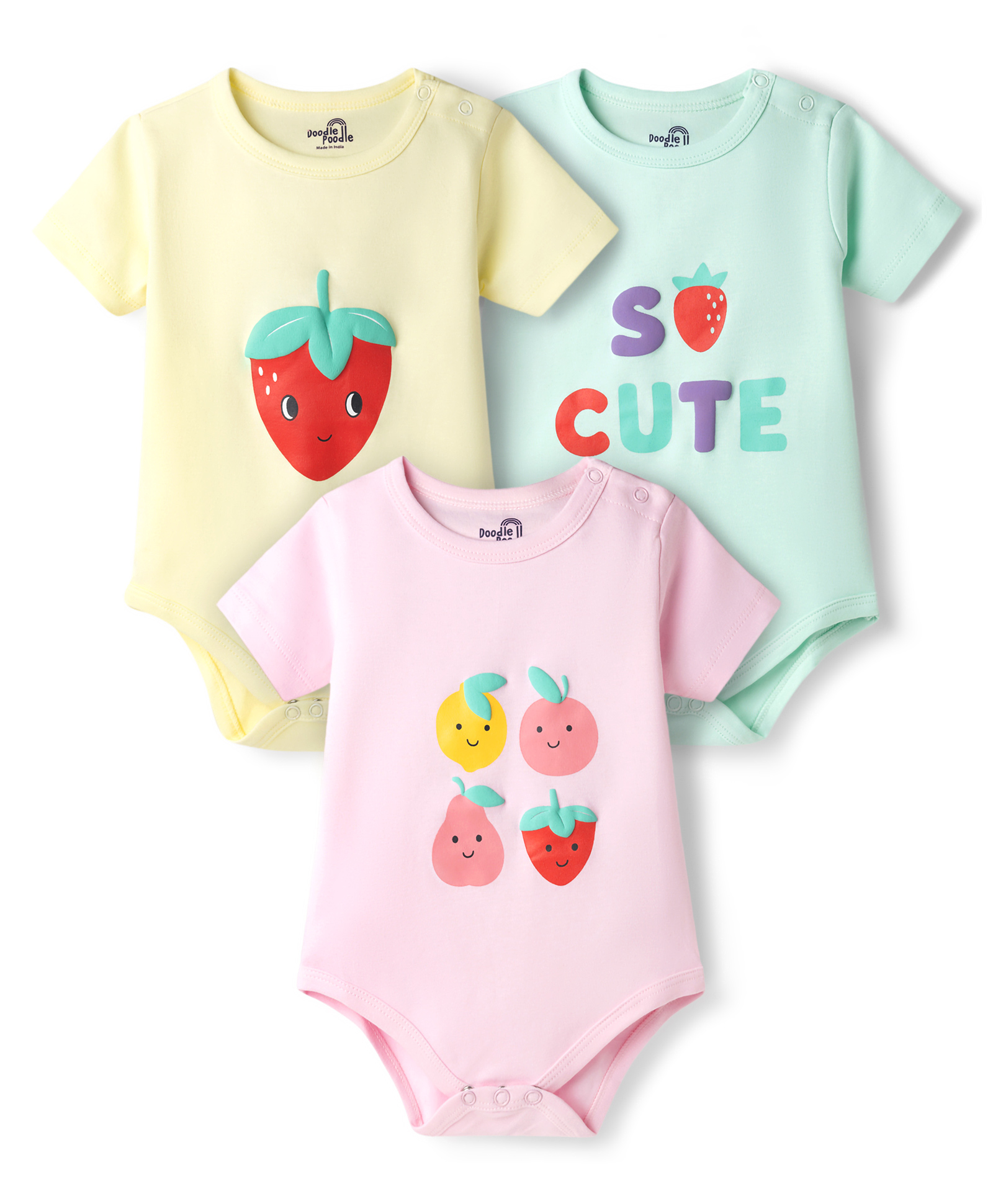 Doodle Poodle 100% Cotton Knit Half Sleeves Strawberry Printed Onesies Pack Of 3 - Light Blue Pink & Yellow-picture-36