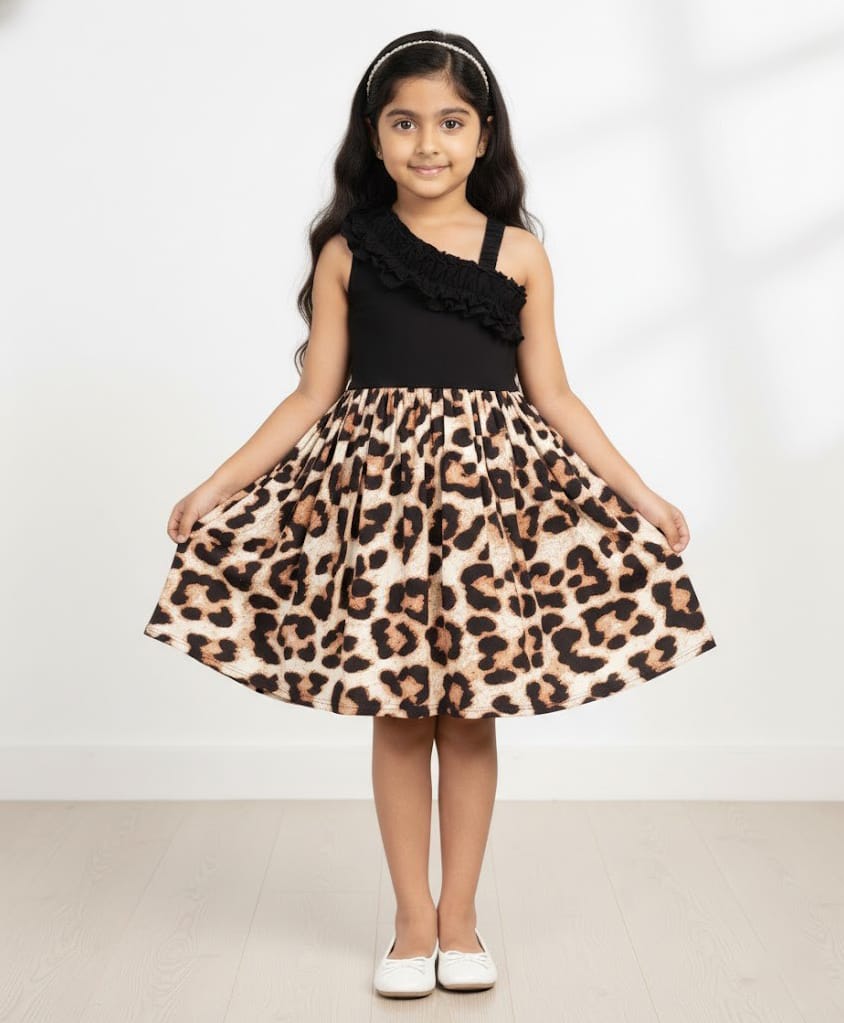 CrayonFlakes Cotton Knit Sleeveless Leopard Printed Dress - Black-picture-11