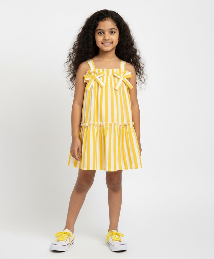 CrayonFlakes Rayon Woven Sleeveless Striped Dress - Yellow