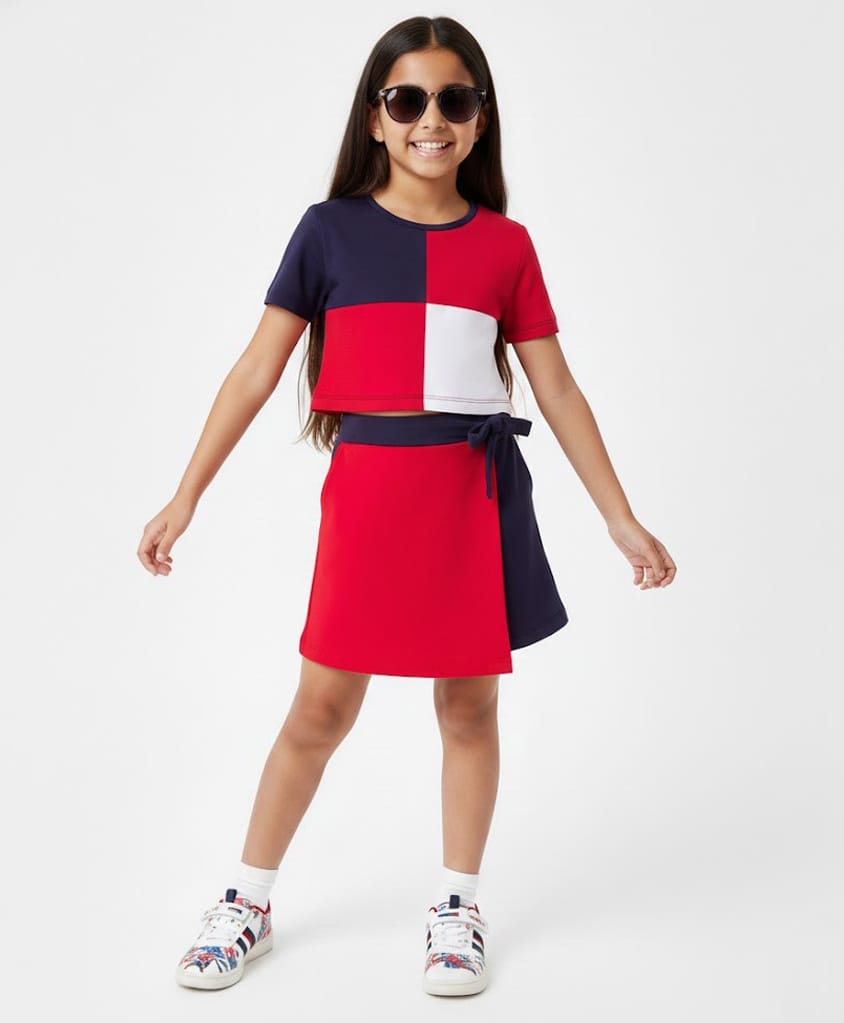 CrayonFlakes Cotton Knit Half Sleeves Color Blocked Top & Skirt Set - Red-picture-17