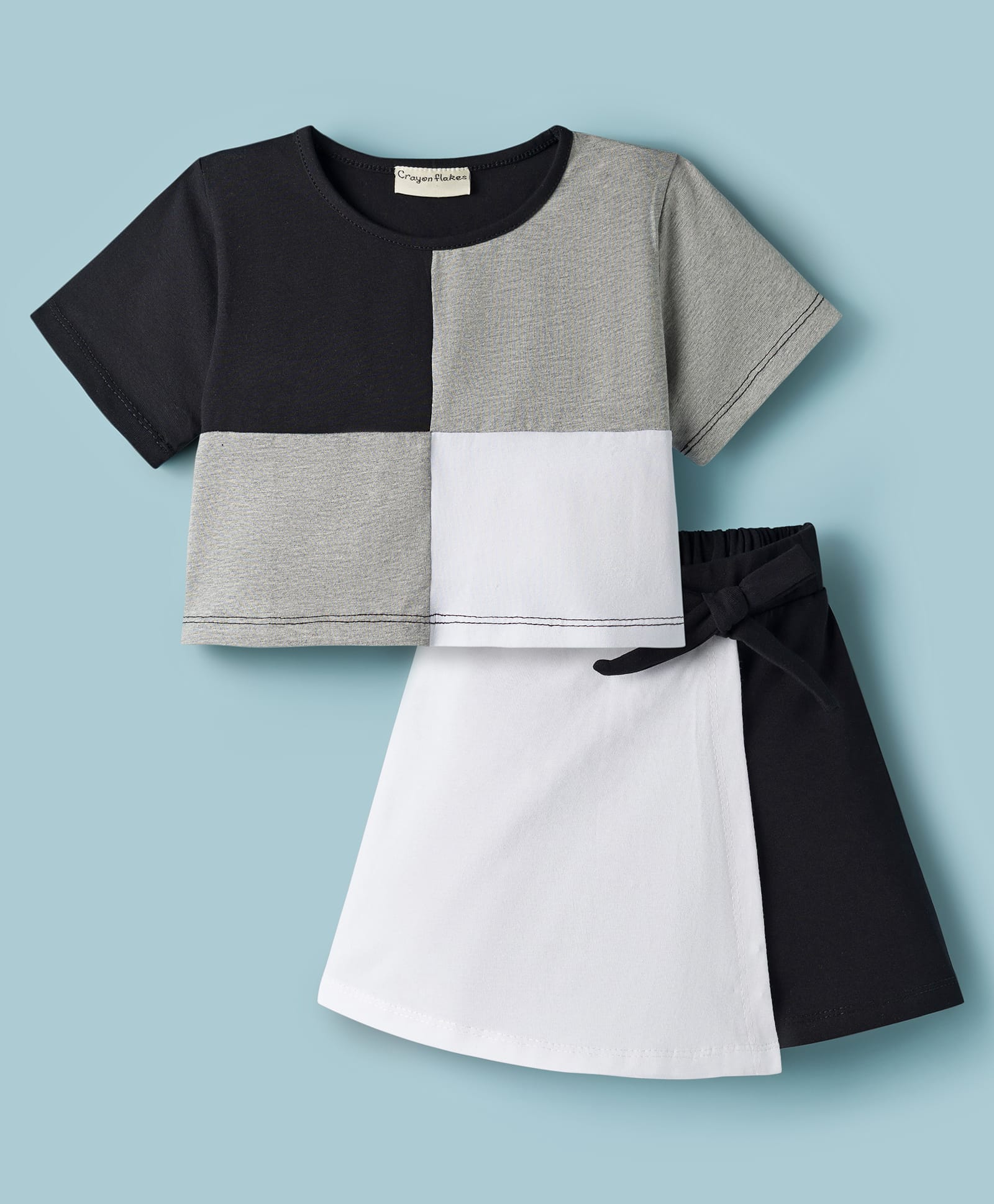 CrayonFlakes Cotton Knit Half Sleeves Color Blocked Top & Skirt Set - Black-image-35