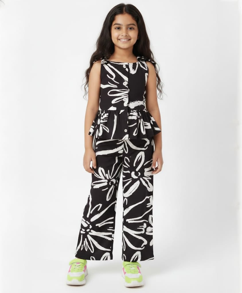 CrayonFlakes Rayon Woven Sleeveless Floral Printed Coordinating Top & Pant Set - Black-picture-2