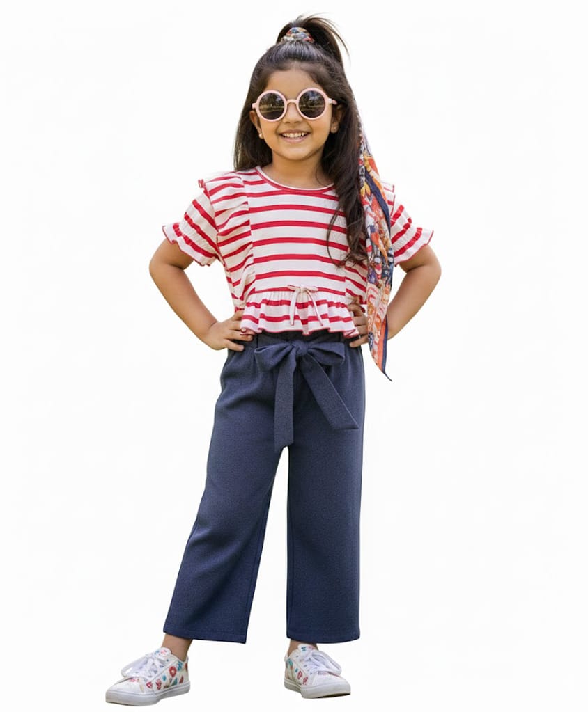 CrayonFlakes Cotton Knit Half Puffed Striped & Frill Detailed Top & Palazzo Set - Red & Blue-picture-23