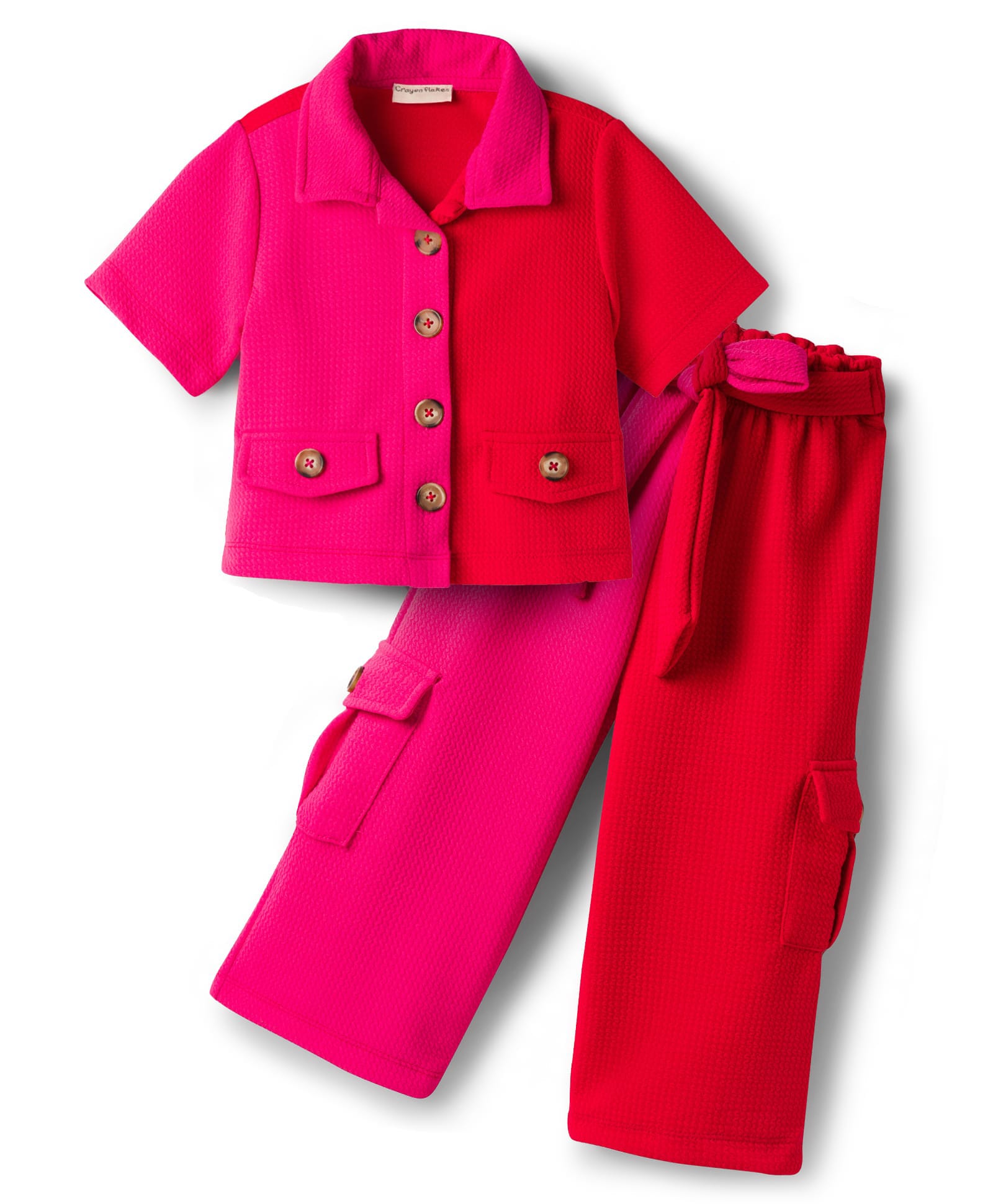CrayonFlakes Knit Half Sleeves Colour Blocked Crop Top & Cargo Pant Set - Pink & Red-picture-24