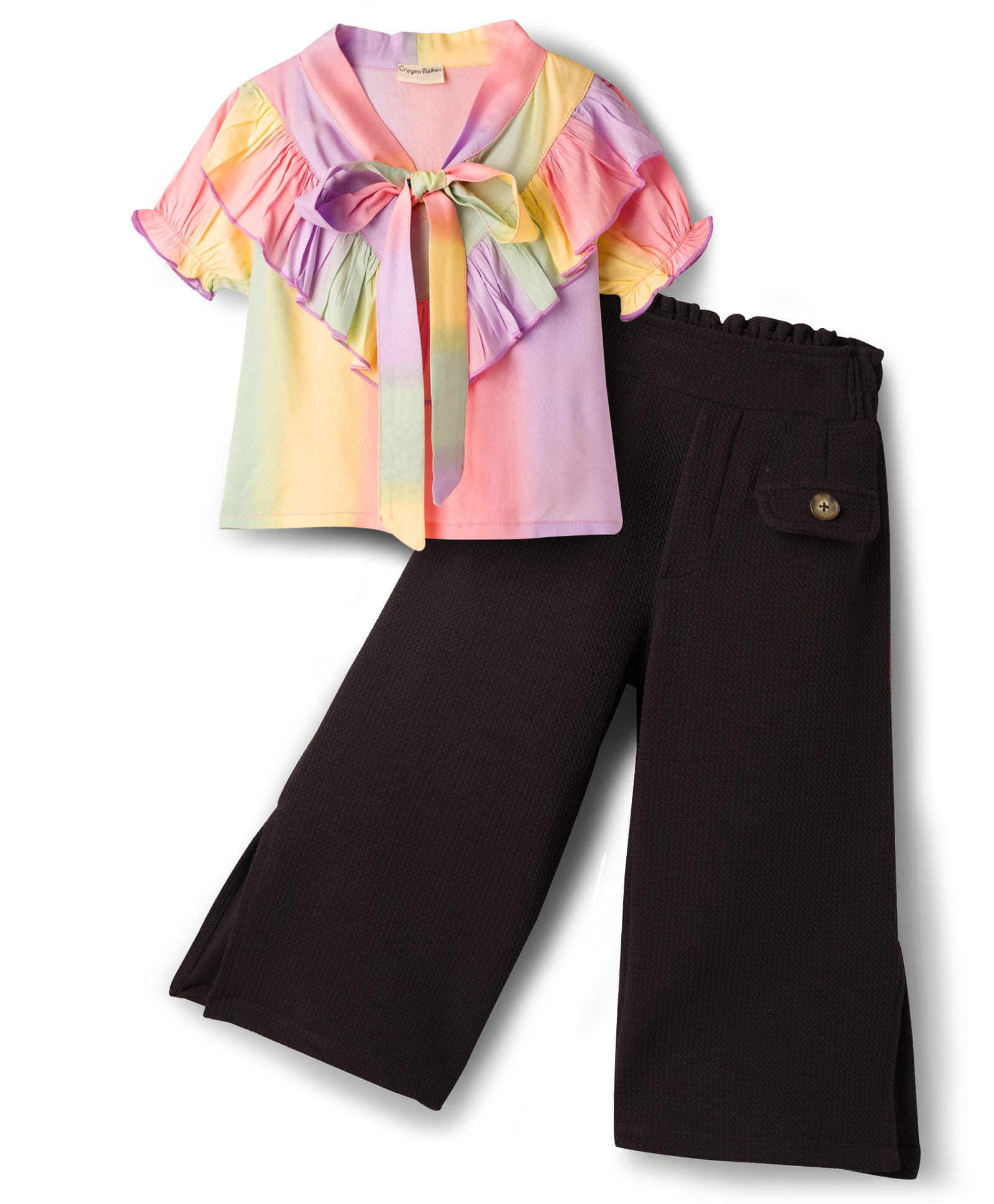 CrayonFlakes Rayon Knit Half Sleeves Ombre Printed Frill Detailed Crop Top & Pants Set - Multi Colour-image-45