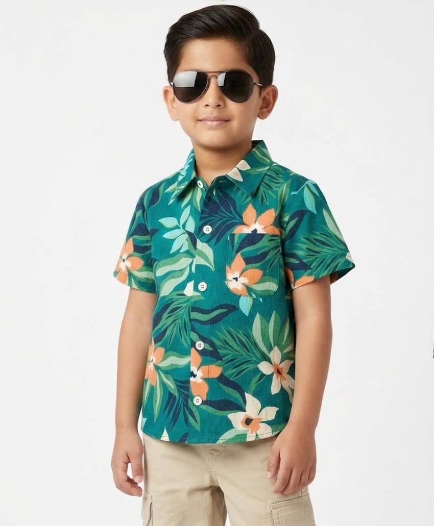CrayonFlakes Cotton Woven Half Sleeves Floral & Leaves Printed Shirt - Green-picture-18