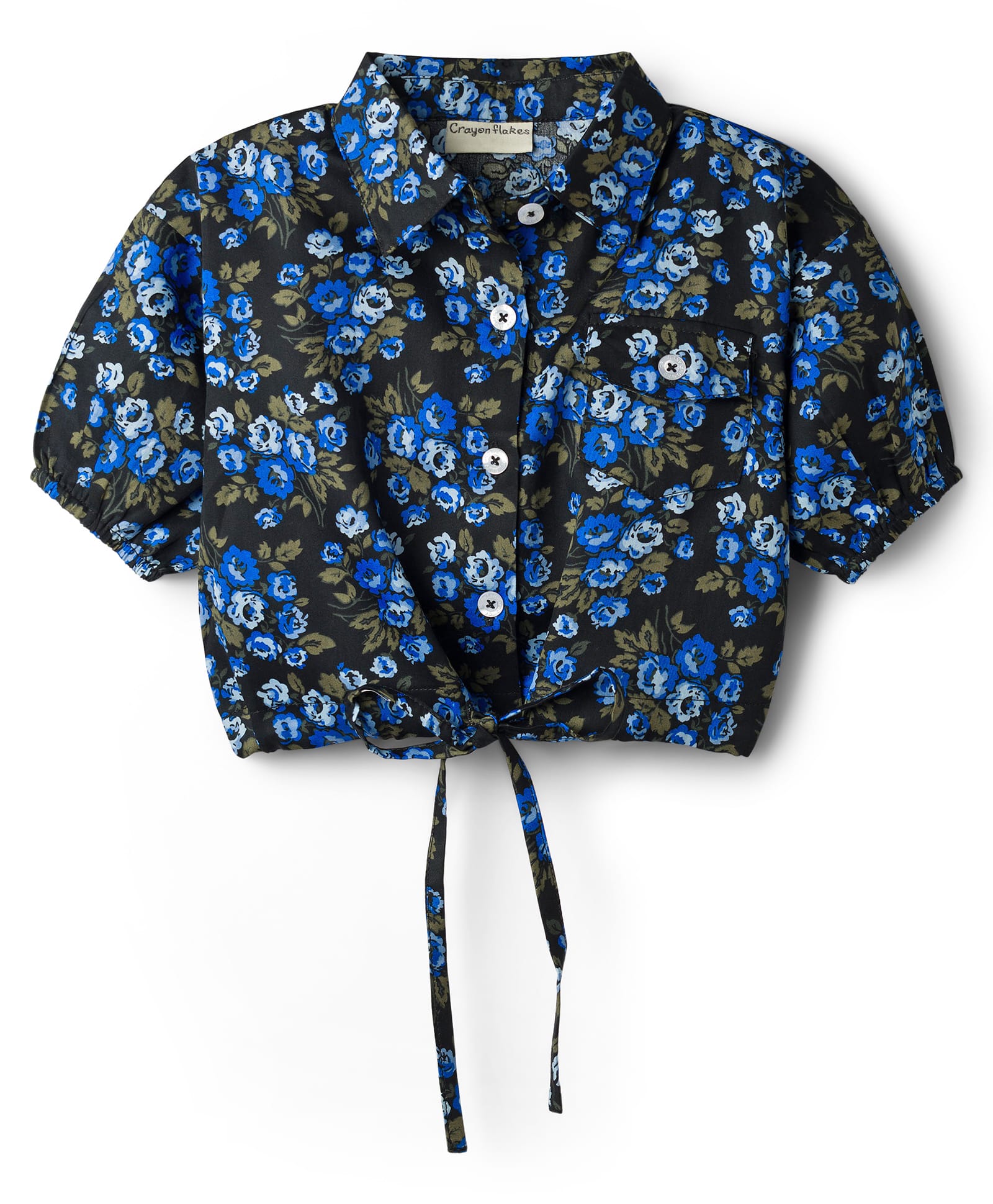 CrayonFlakes Cotton Woven Floral Printed Half Sleeves Crop Top - Black-picture-25