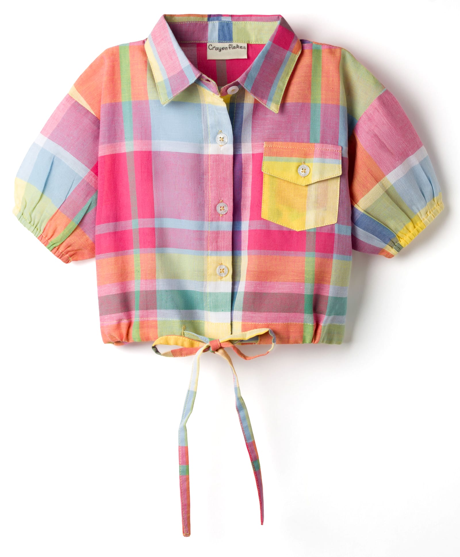 CrayonFlakes Cotton Woven Half Puffed Sleeves Madras Checked Shirt Style Crop Top - Pink-image-12