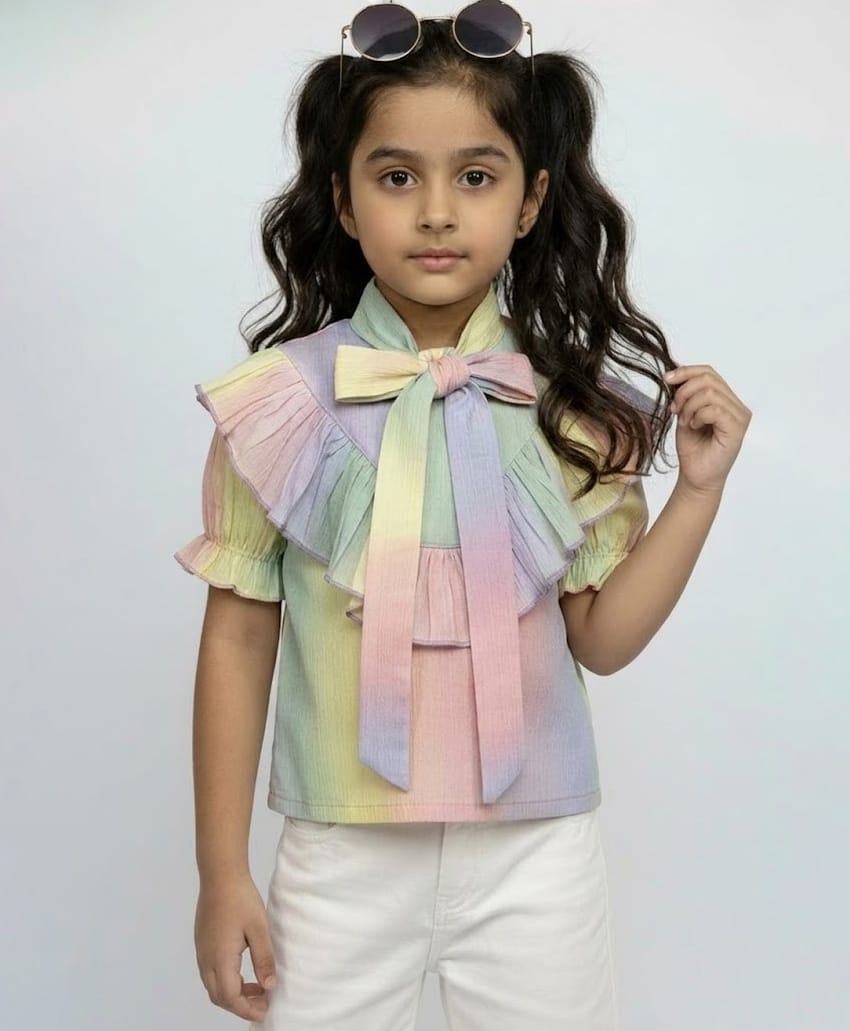 CrayonFlakes Rayon Woven Half Puffed Sleeves Frill Detailed Ombre Top - Pink-picture-20