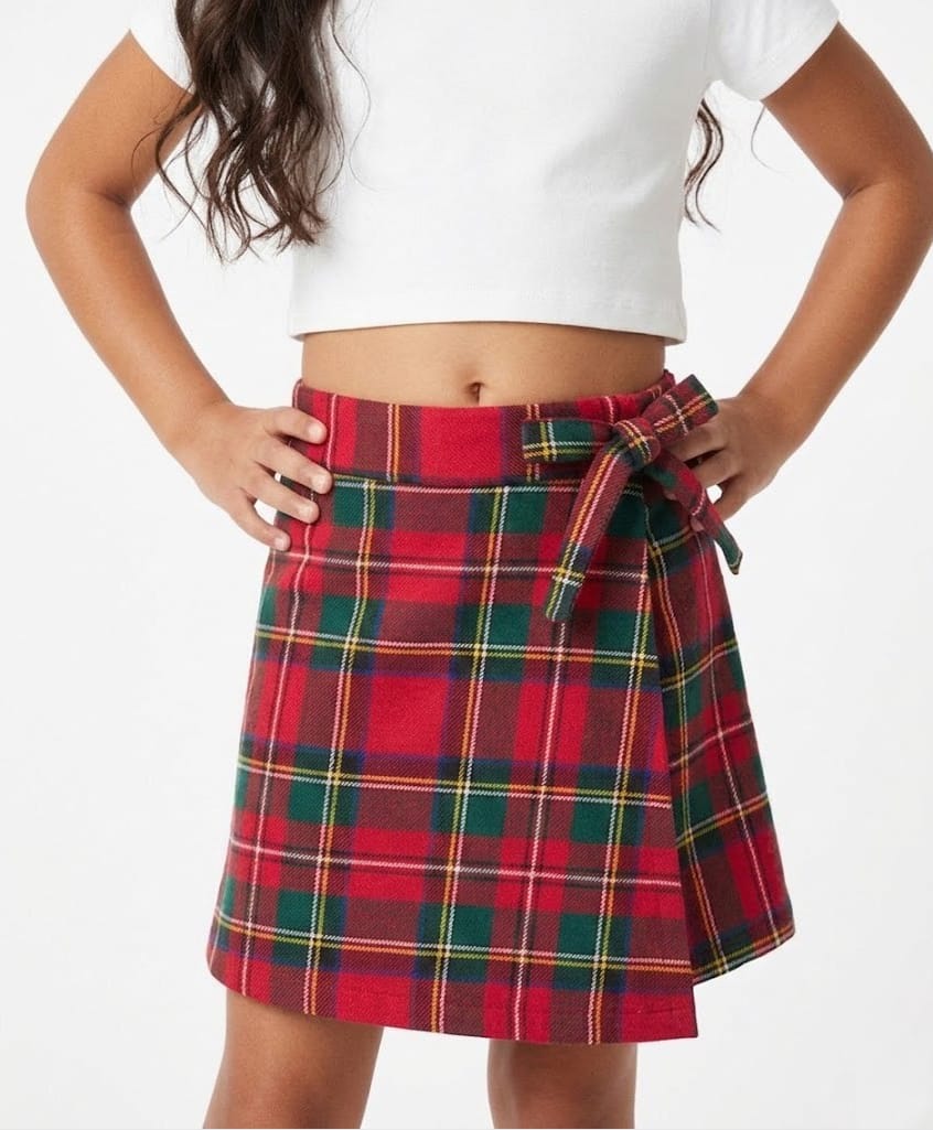 CrayonFlakes Cotton Knit Plaid Checked & Bow Applique Skort - Red-image-48