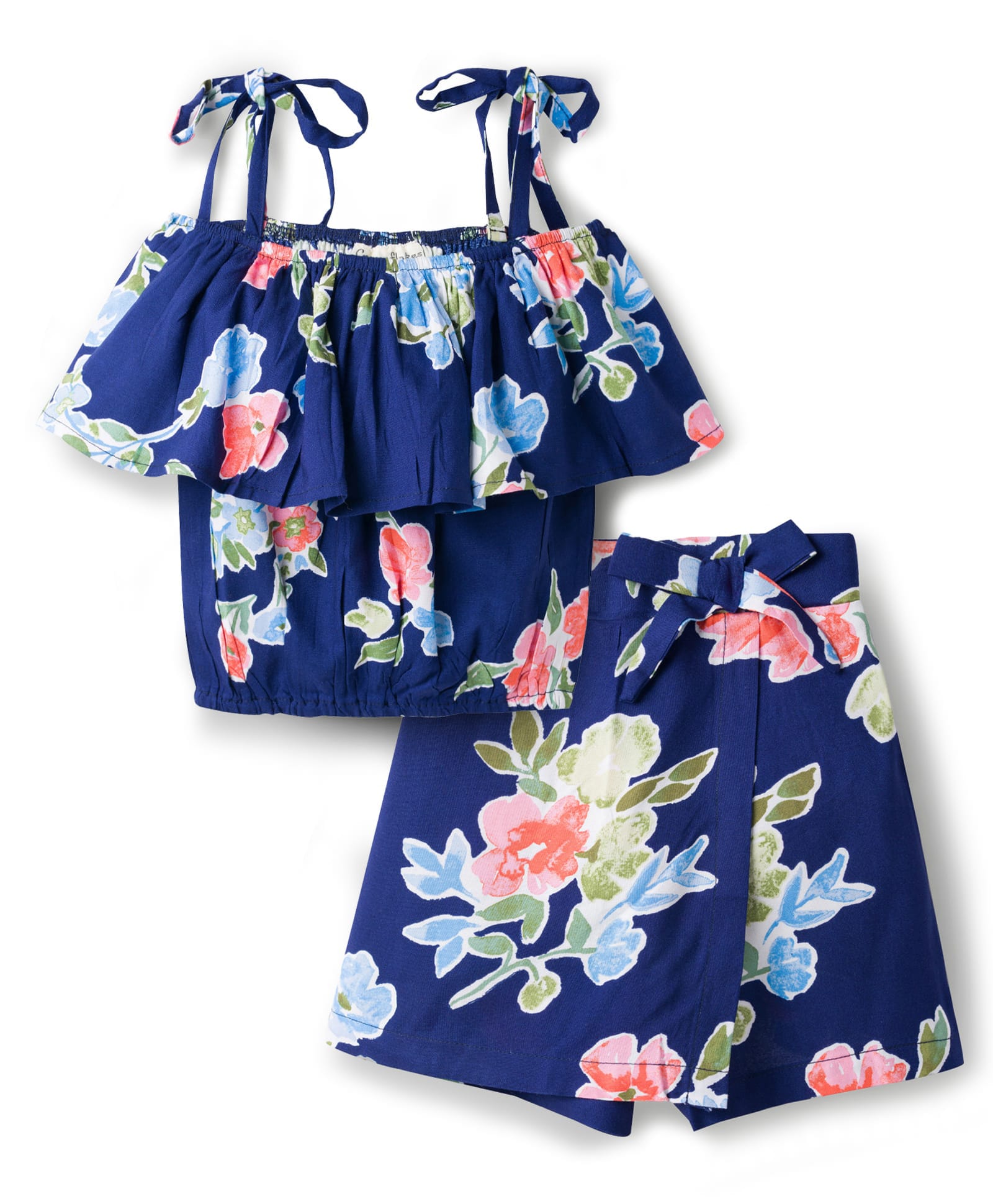 CrayonFlakes Rayon Woven Sleeveless Floral Printed Top & Skort Set - Navy-image-22