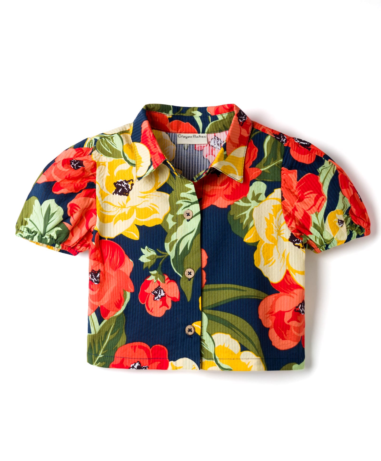 CrayonFlakes Cotton Woven Half Puffed Sleeves Floral Printed Shirt Style Top - Navy Blue-picture-32
